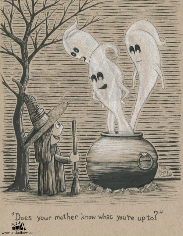Little witch summoning ghosts on toned paper