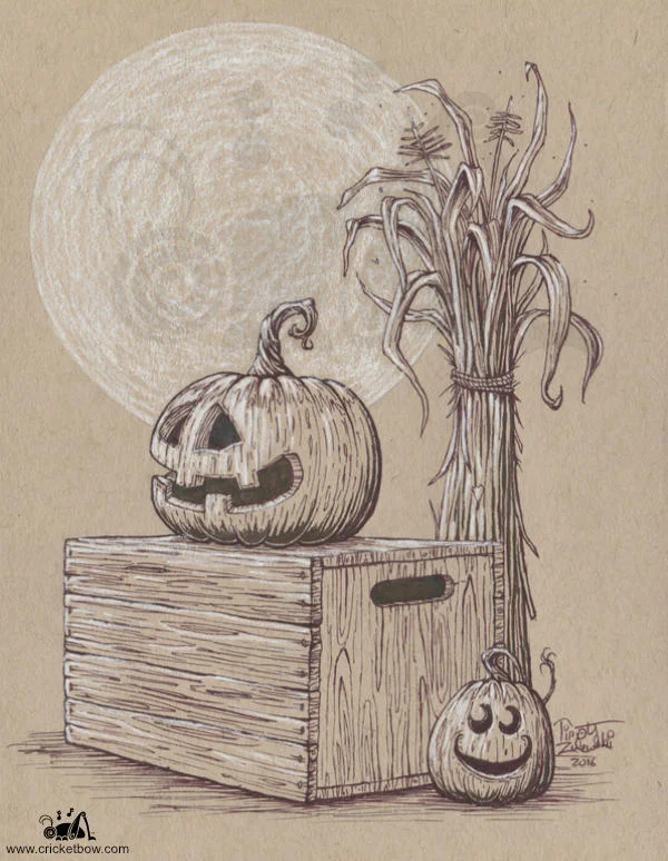 Jack O'Lanterns with a crate and cornstalk on toned paper