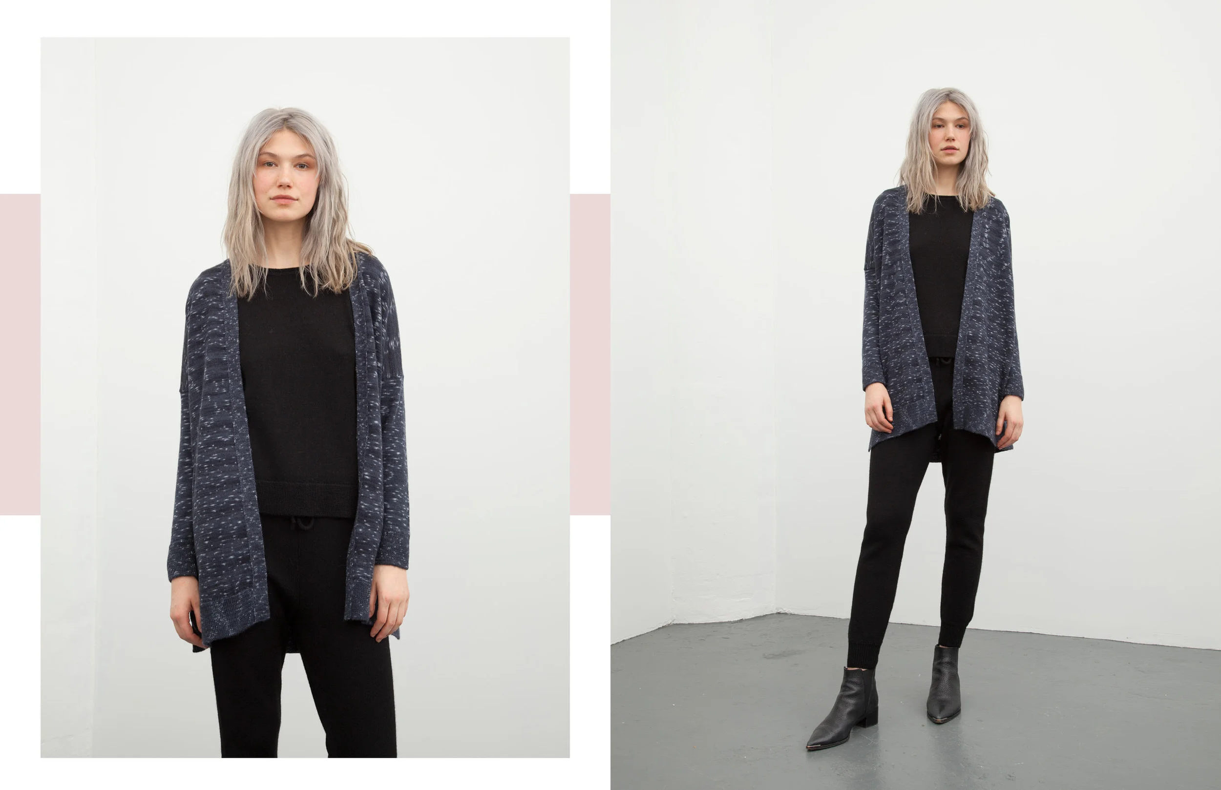 anna cardigan: indigo / marcia tank: black / roxanne pant: black