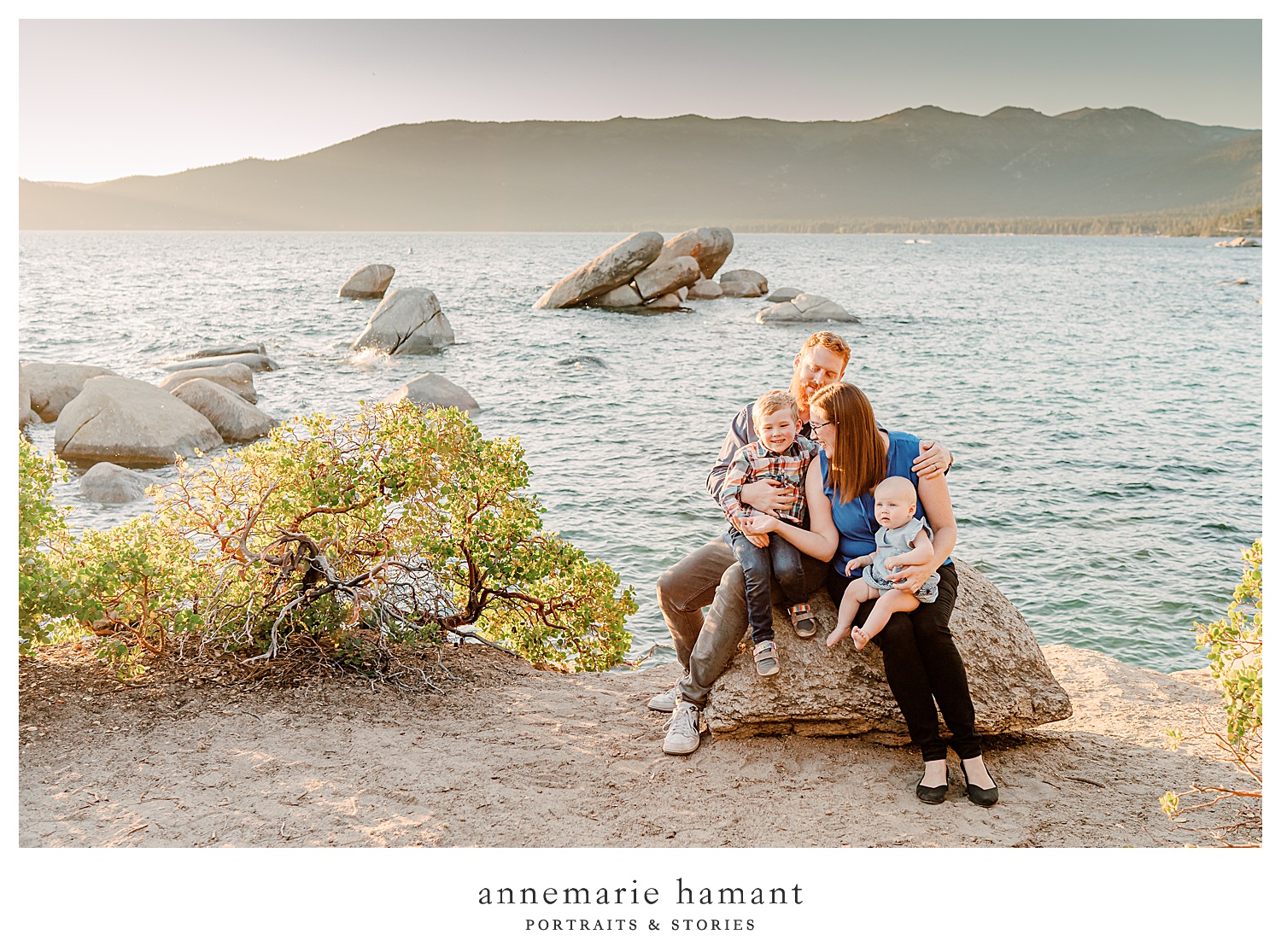 Sunset family photography at Sand Harbor, Lake Tahoe. AnneMarie Hamant is an award-winning lifestyle photographer who travels to capture her client’s family connections and stories.