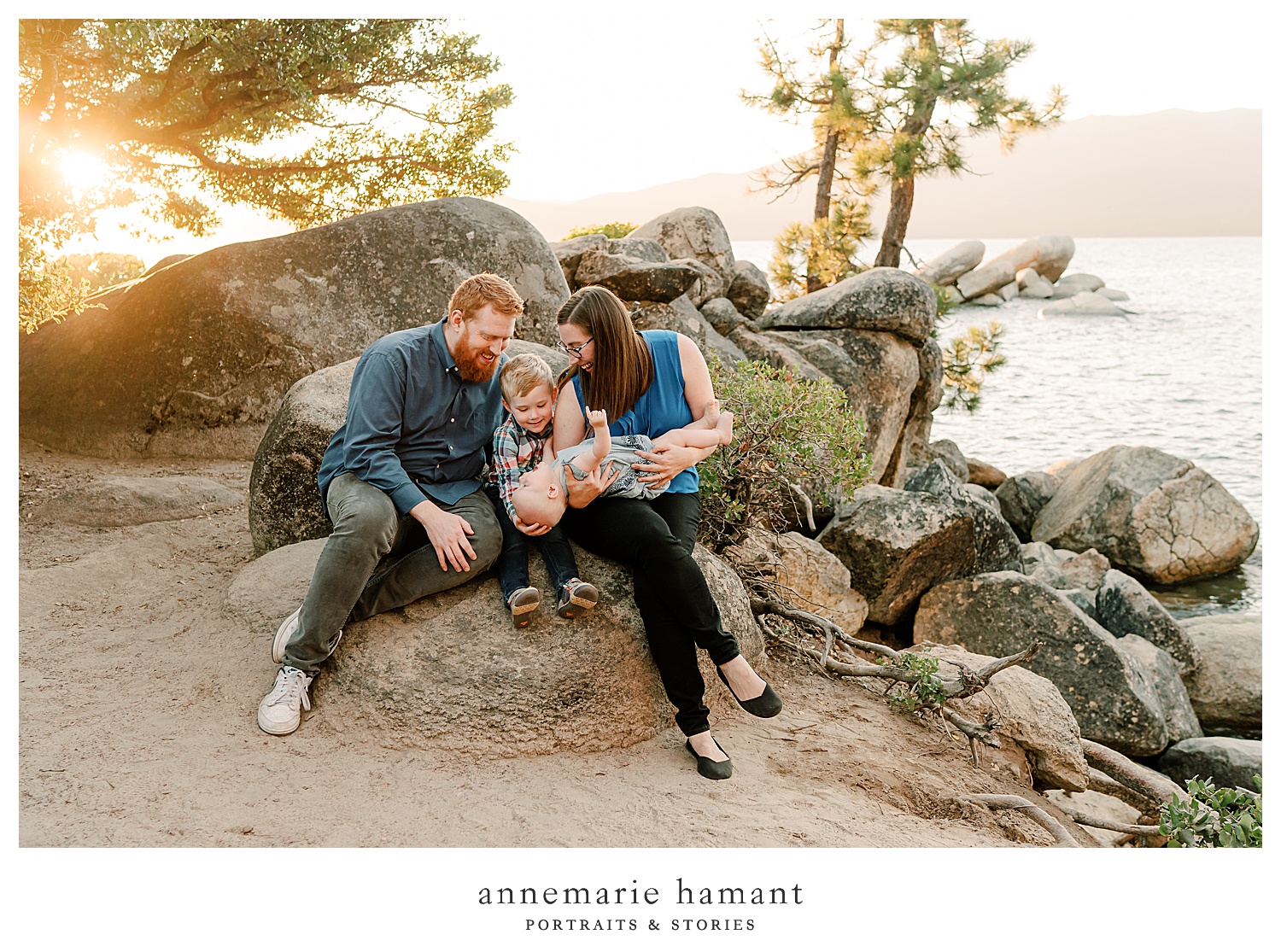 Sunset family photography at Sand Harbor, Lake Tahoe. AnneMarie Hamant uses sunset light and candid connections to photograph families on vacation in Lake Tahoe.