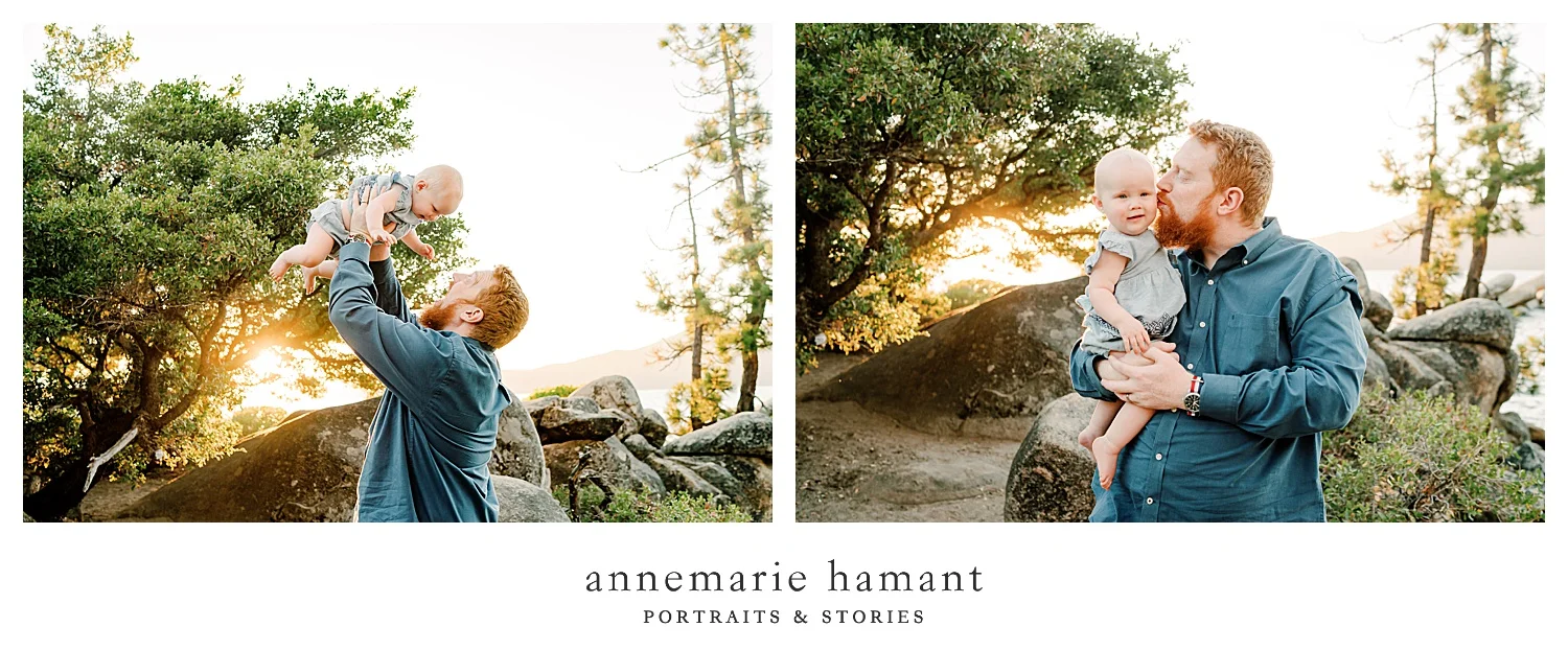 Sunset family photography at Sand Harbor, Lake Tahoe. AnneMarie Hamant uses sunset light and candid connections to photograph families on vacation in Lake Tahoe.