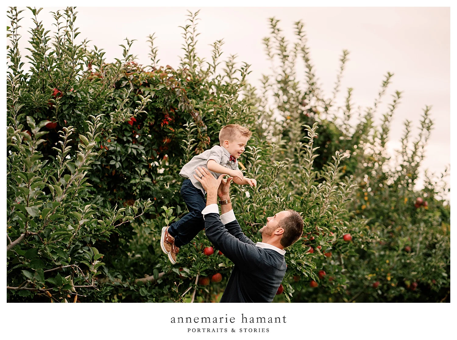 Fall family photos in an apple orchard in Lehigh Valley PA. The orchard is fun and gets gorgeous sunset light and makes for the perfect fall backdrop.