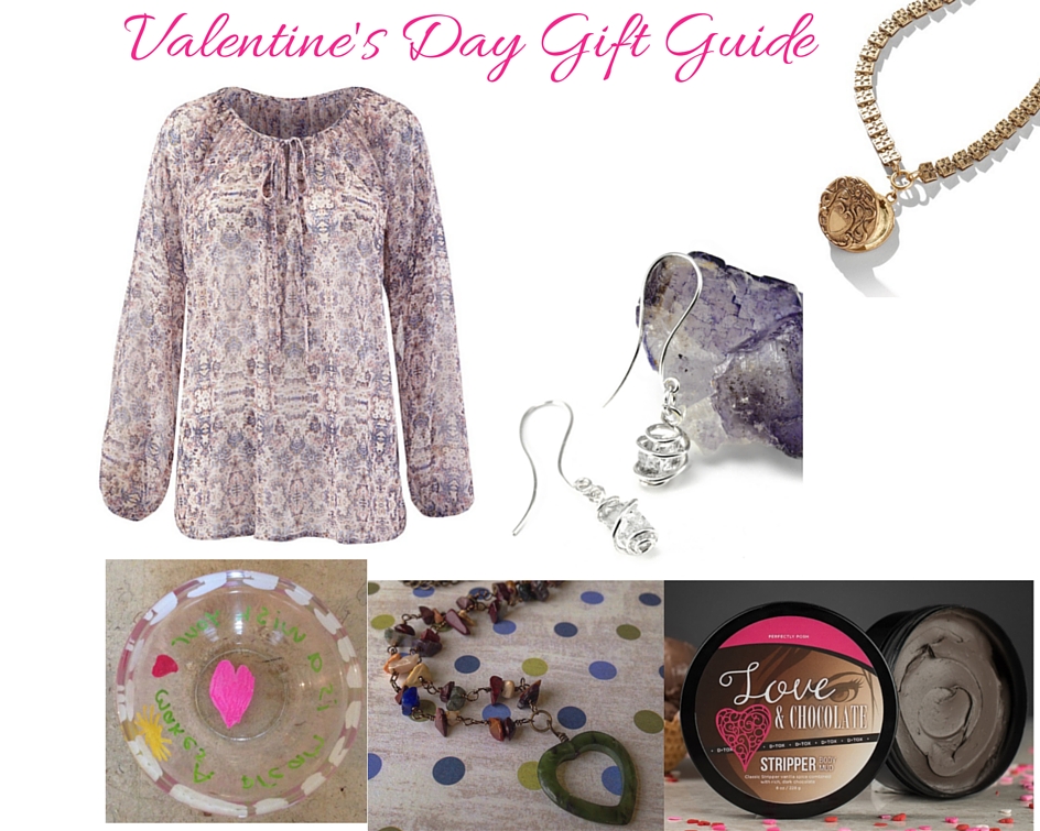 Top Row, Left to Right: Siena Blouse :, Herkimer Diamond Earrings , and Locket Necklace . Bottom Row: Custom Glass Trinket Bowl, Crystal and Bead Dish , Jade Floating Heart Pendant , and Love & Chocolate .