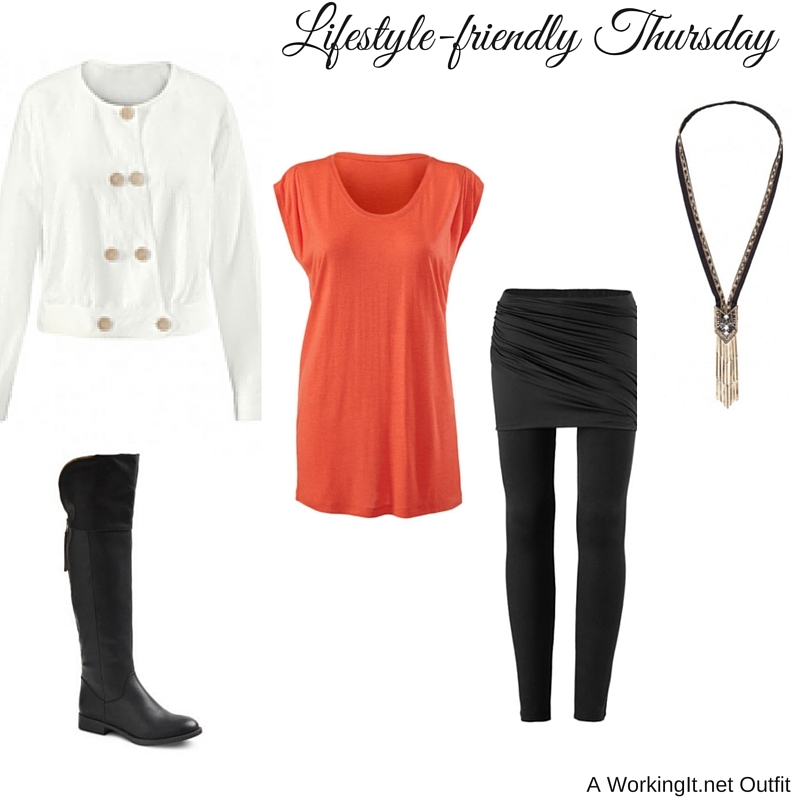 Outfit 1 Pop of Color: cabi Spring 2016 Piazza Jacket , U-neck Tee , Mesh M’Leggings , and the Nile Necklace