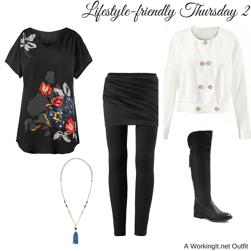 Outfit 2 Contrasts: Piazza Jacket , Fiore Top , Mesh M’Leggings , and Azure Tassel Necklace