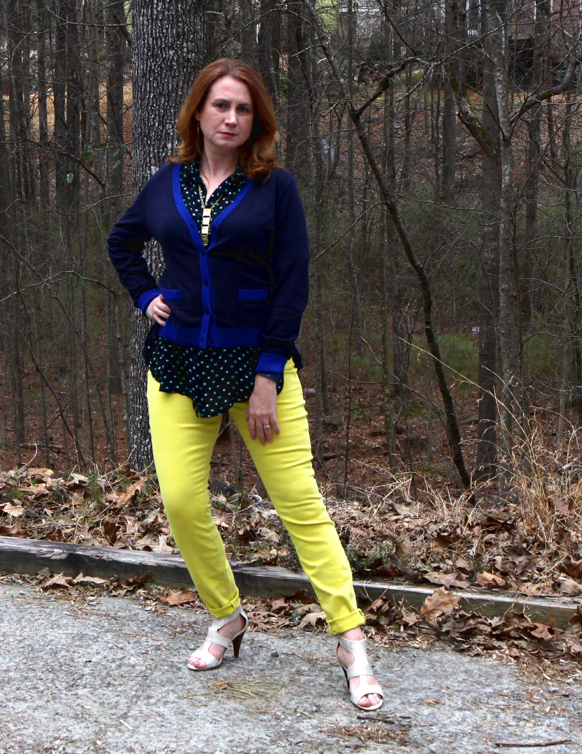 cabi Spring 2016 clothes : Michelle Cardigan , Martini Top , Citron Curvy Skinny (also available in regular fit ), Dolce Charm Earrings , and the Lagoon Necklace (on backwards). Shoes are the Unisa Eavvi Sandal (at DSW).