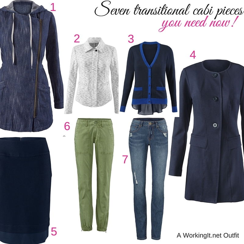 All from cabi Spring 2016: 1) Adventure Anorak 2) Neo Jacket 3) Michelle Cardigan 4) Lido Jacket 5) Lido Skirt 6) Traveler Pant 7) Destructed Skinny in Regular or Curvy .