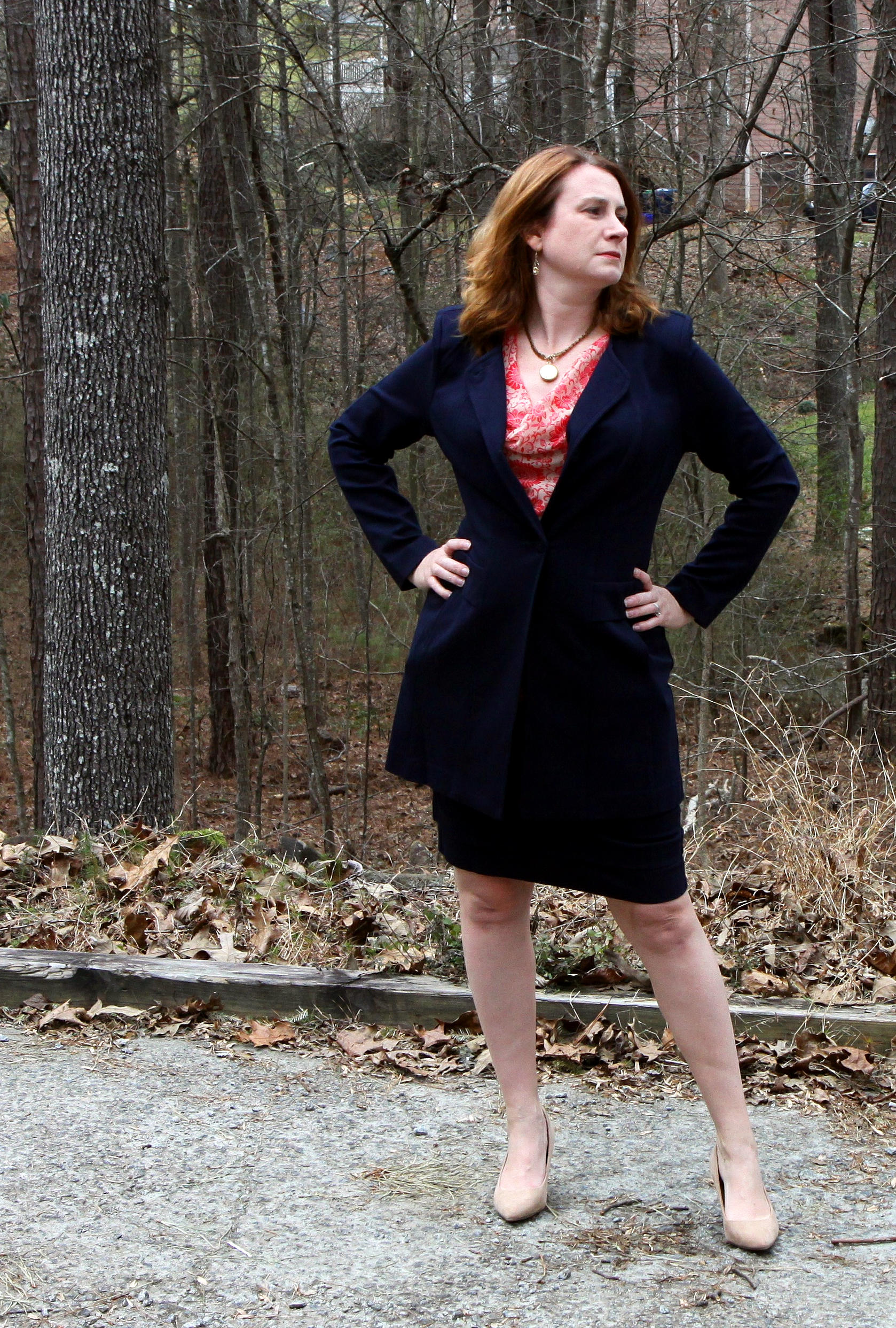Lido Skirt , Lido Jacket , Vita Blouse , Locket Necklace , Dolce Charm Earrings , and older neutral suede pumps. 