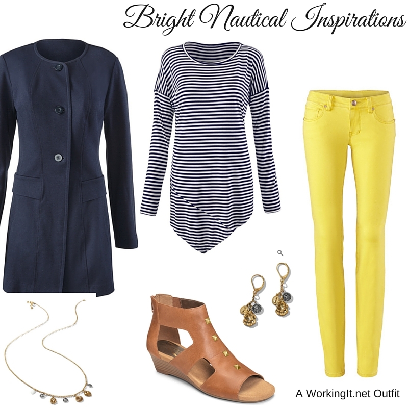 Lido Jacket, Boat Stripe Tee , Citron Skinny Curvy or Regular , Dolce Charm Earrings , Dolce Charm Necklace , all from cbai Spring 2016, along with the Layette sandals by Aerosoles.