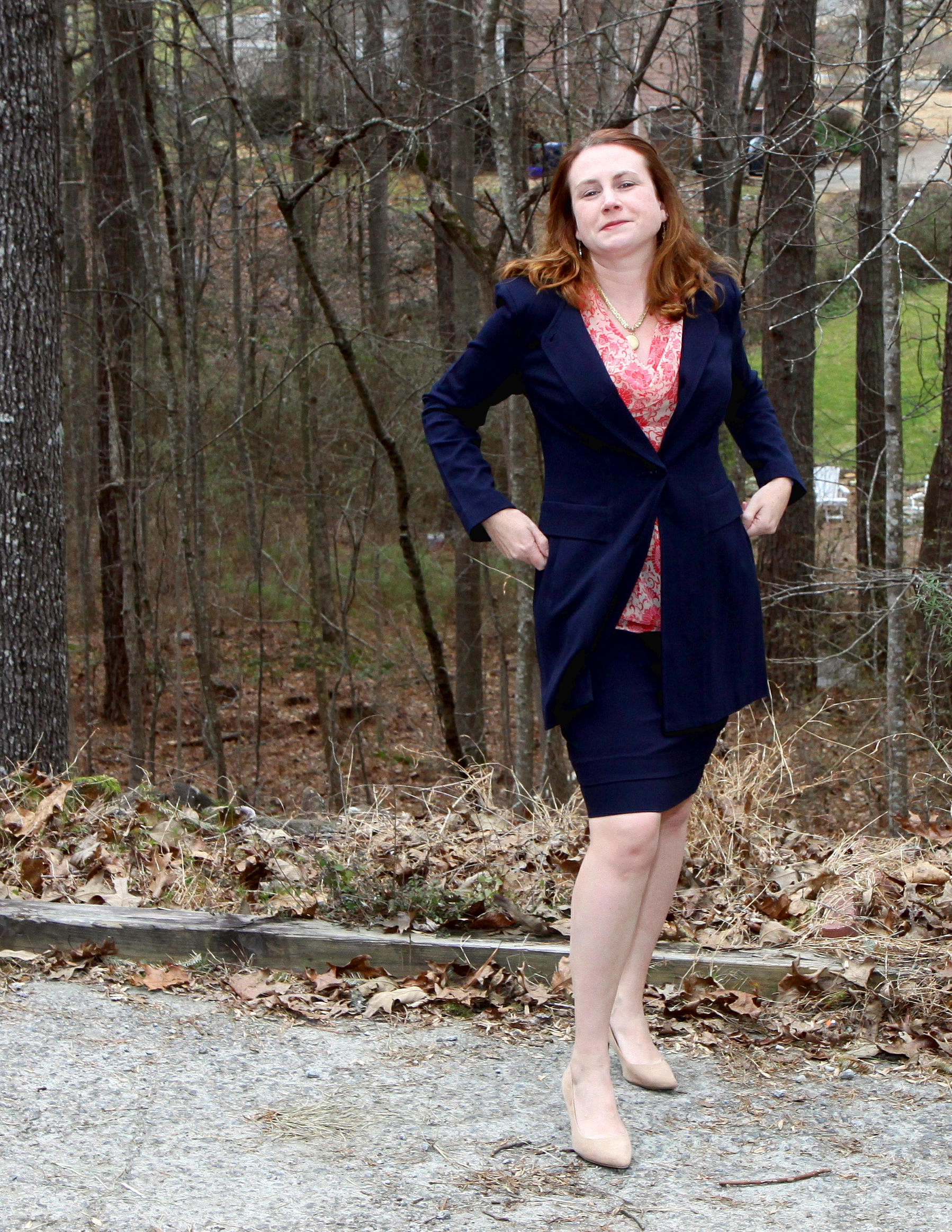 Lido Skirt , Lido Jacket , Vita Blouse , Locket Necklace , Dolce Charm Earrings , and older neutral suede pumps.