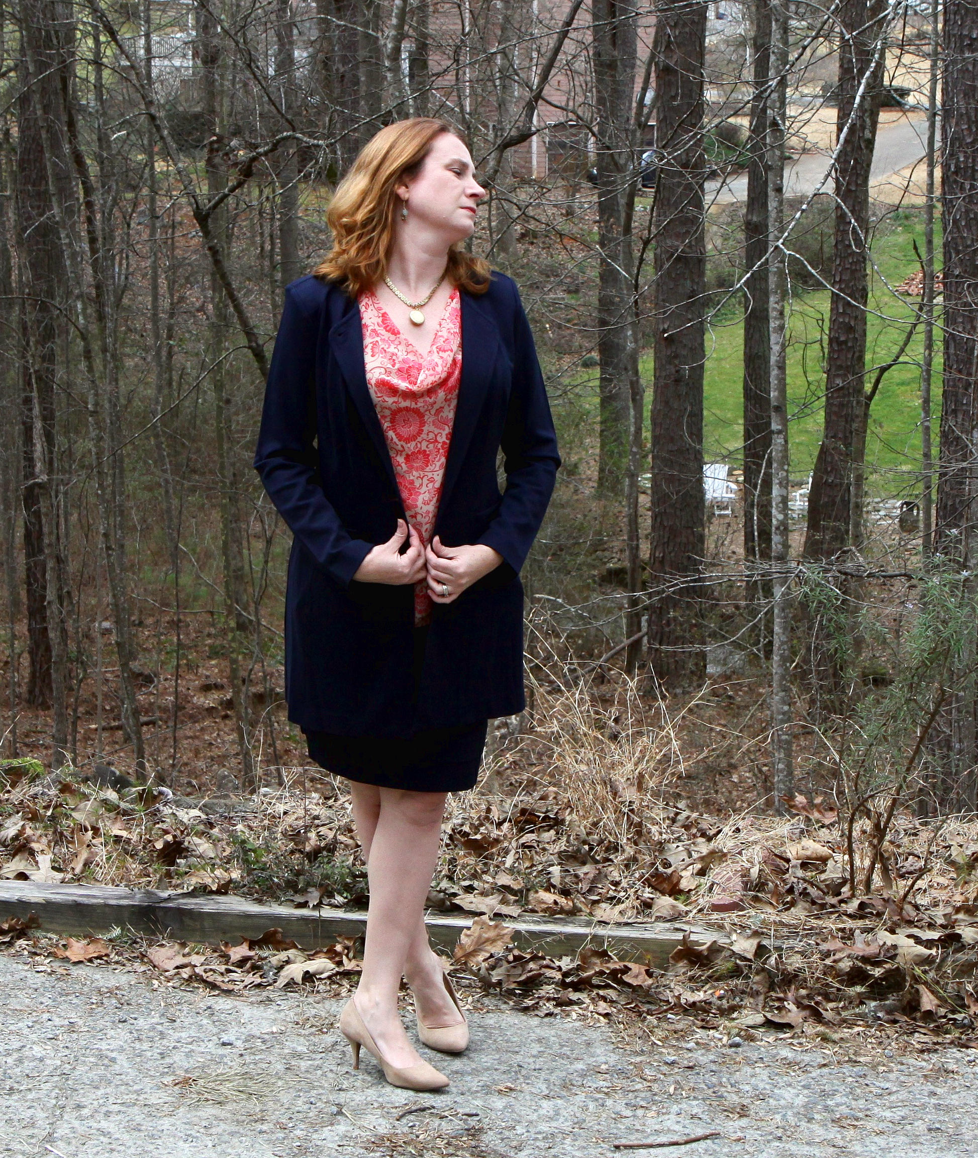 Lido Skirt , Lido Jacket , Vita Blouse , Locket Necklace , Dolce Charm Earrings , and older neutral suede pumps.