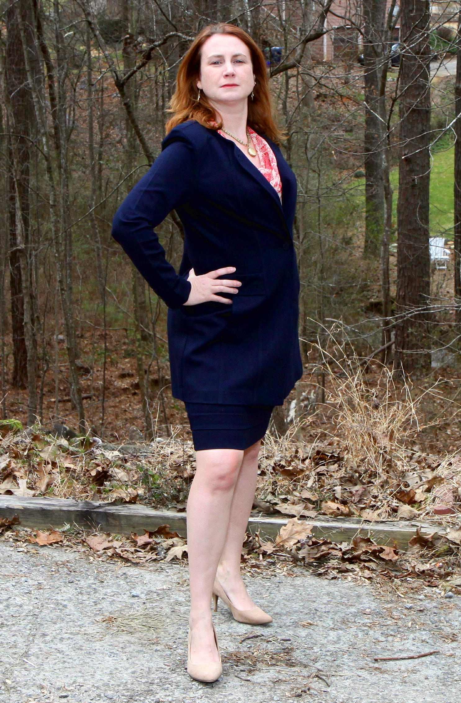 Lido Skirt , Lido Jacket , Vita Blouse , Locket Necklace , Dolce Charm Earrings , and older neutral suede pumps.
