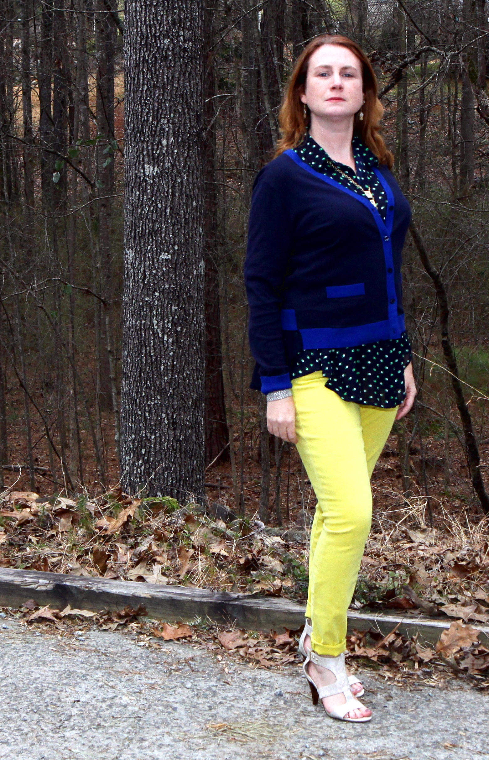 Michelle Cardigan, Martini Top , Citron Curvy Skinny , Dolce Charm Earrings , Lagoon Necklace , worn backwards to show the silver on the back off), and the Unisa Eavvi Sanda l