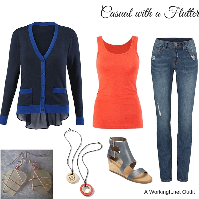 Michelle Cardigan, Layer Tank , Dolce Charm Earrings , Lagoon Necklace (worn backwards to show the silver on the back off), Destructed Skinny in Curvy or regular ), White Sea Glass Wire Wrapped Earrings , and the Unisa Eavvi Sanda .