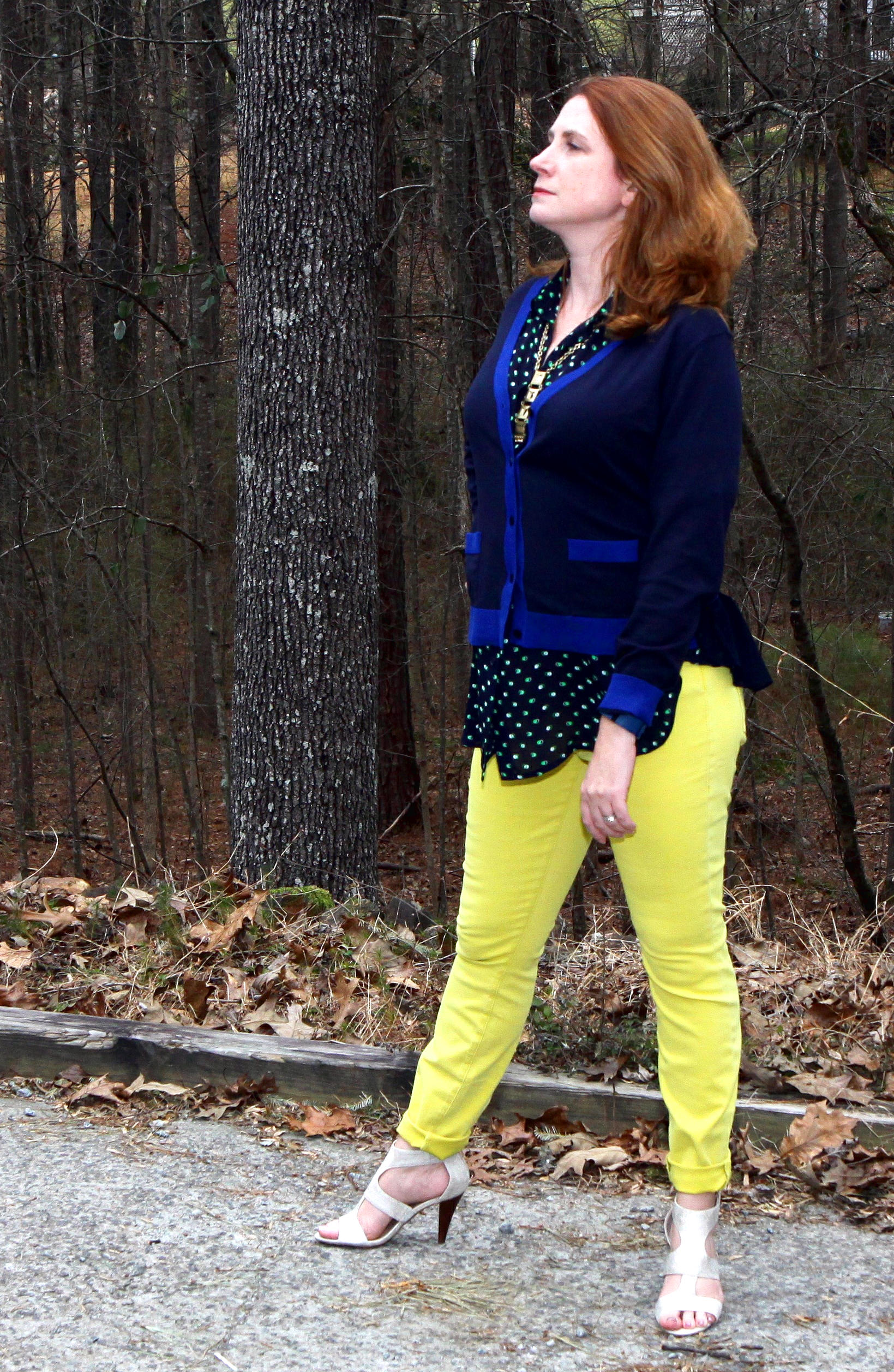 Michelle Cardigan, Martini Top , Citron Curvy Skinny , Dolce Charm Earrings , Lagoon Necklace , worn backwards to show the silver on the back off), and the Unisa Eavvi Sanda l