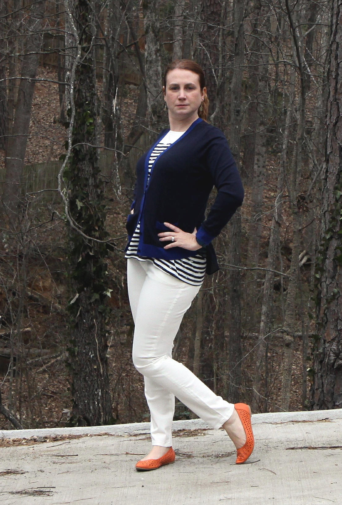 Outfit: Michelle Cardigan , Slimmie jeans, First Mate Tee , Dolce Charm Earrings from cabi Spring 2016 .The cardigan and jeans are a size too big--expect a closer fit. Shoes are the Restricted Newport Flat from DSW.