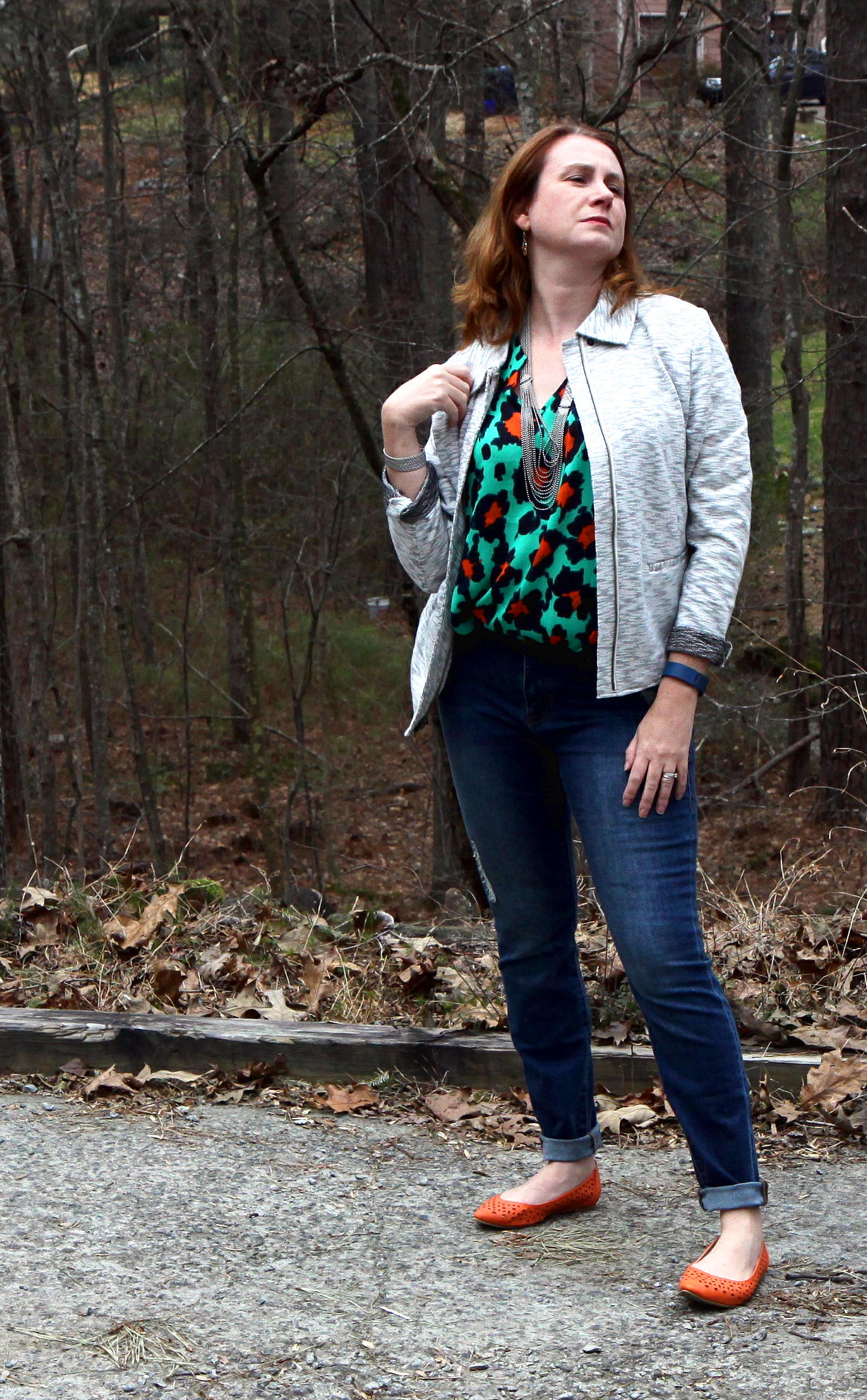 Outfit: Neo Jacket , Destructed Skinny in Regular or Curvy , Rita Top , Dolce Charm Earrings , and Villa Necklace (worn as a necklace and bracelet) from cabi Spring 2016 . Shoes are the Restricted Newport Flat from DSW.