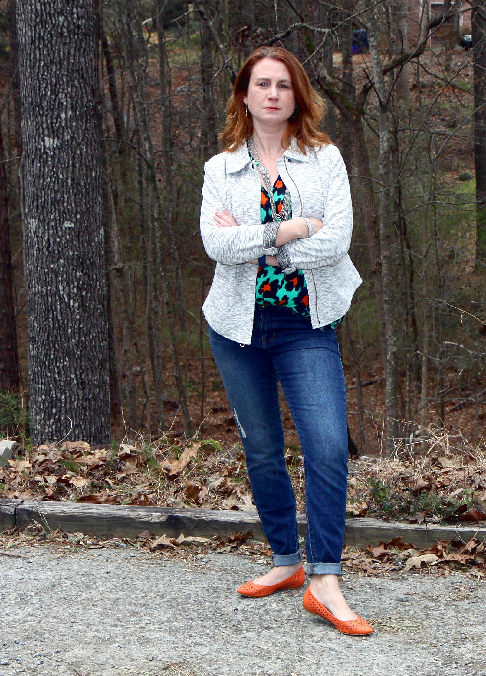 Outfit: Neo Jacket , Destructed Skinny in Regular or Curvy , Rita Top , Dolce Charm Earrings , and Villa Necklace (worn as a necklace and bracelet) from cabi Spring 2016 . Shoes are the Restricted Newport Flat from DSW.