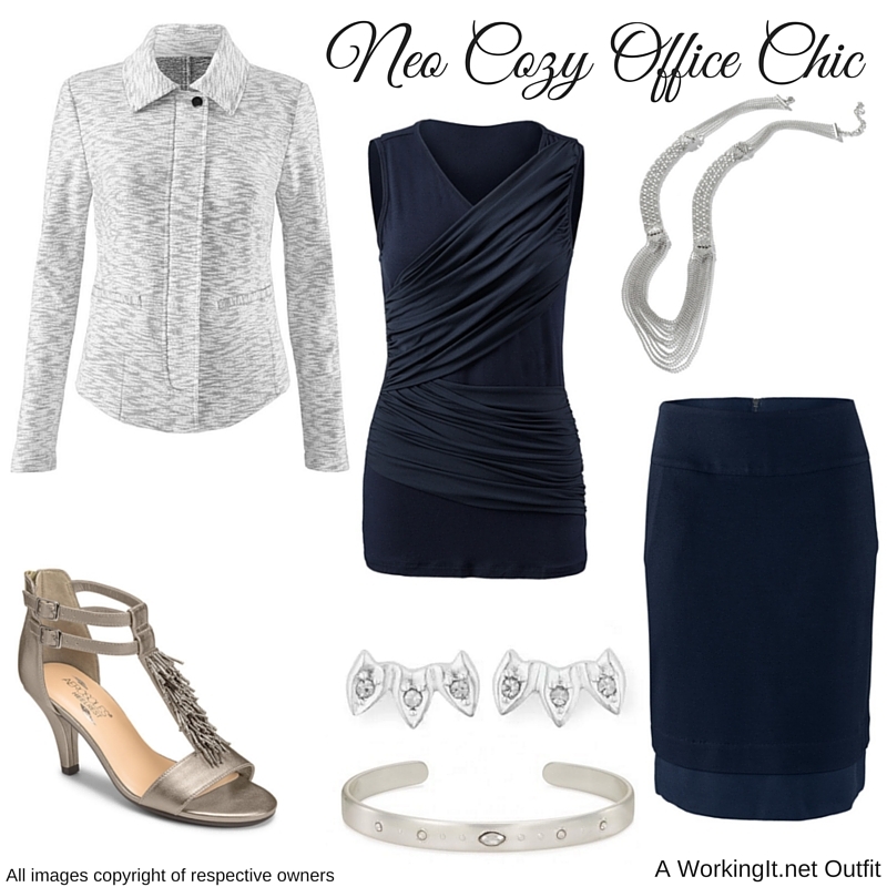 Outfit: Neo Jacket , Lido Skirt , Sleeveless Double Drape Tee , and Villa Necklace from cabi Spring 2016 . ARTISAN MARQUIS CUFF and Aurora Stud Pack BY STELLA & DOT. Shoes are Interlux by Aerosoles.