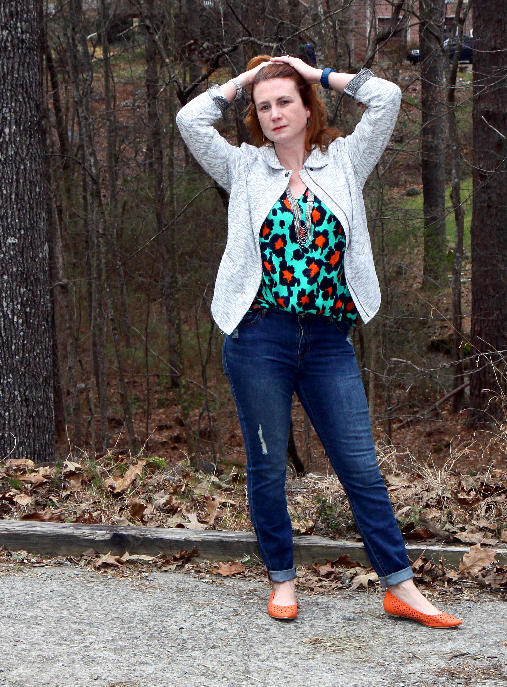Outfit: Neo Jacket , Destructed Skinny in Regular or Curvy , Rita Top , Dolce Charm Earrings , and Villa Necklace (worn as a necklace and bracelet) from cabi Spring 2016 . Shoes are the Restricted Newport Flat from DSW.