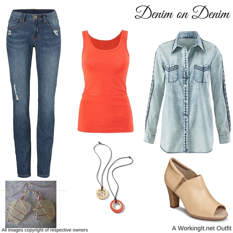 Outfit: Destructed Skinny in Regular or Bardot Shirt , Layer Tank in Heather Tiger Lily , and Helios Necklaces all from cabi Spring 2016. Shoes are Bird Cage by Aerosoles. Earrings are White Sea Glass Wire Wrapped Earrings by Shine Chaser Jewelry.