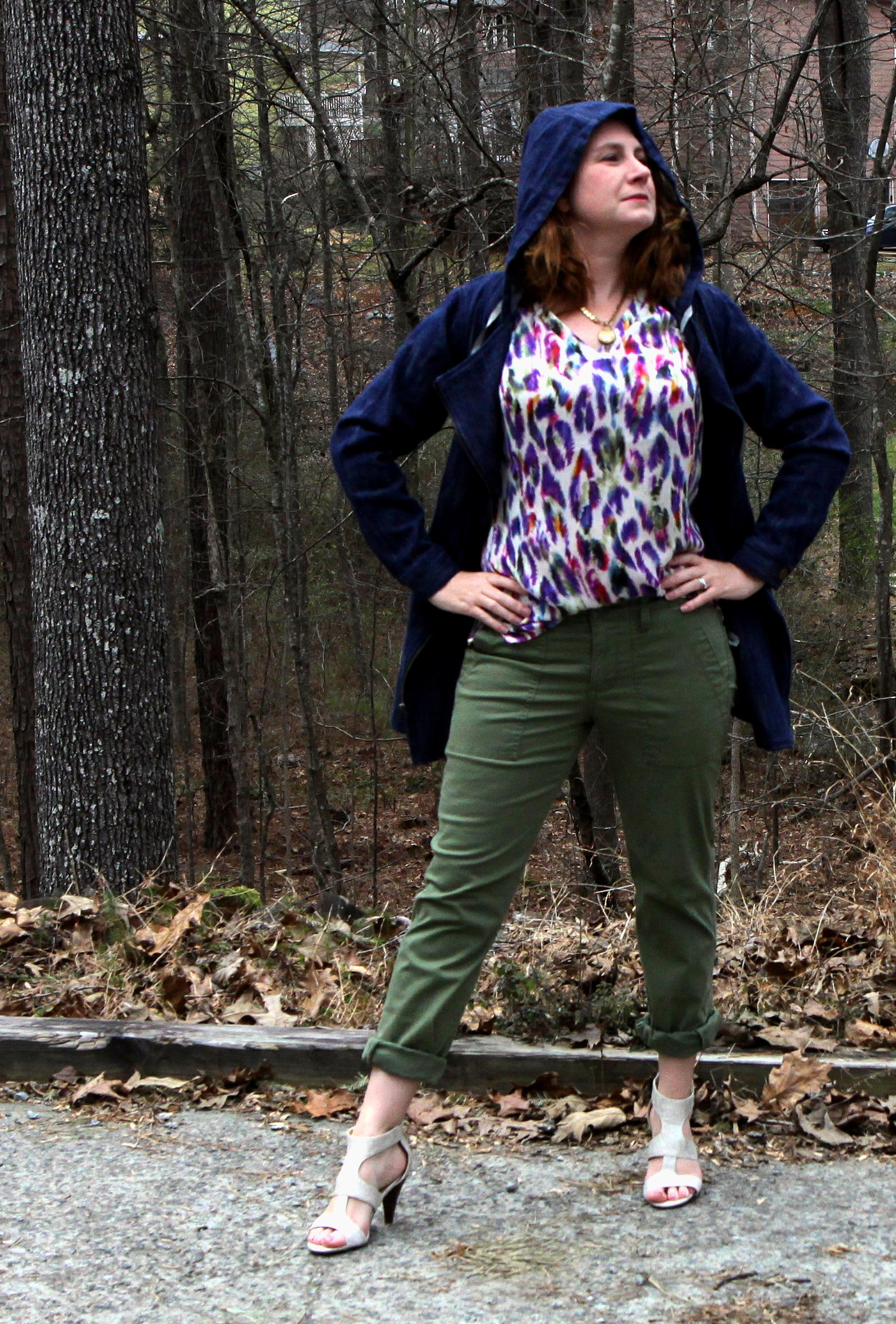 Outfit: Adventure Anorak , Traveler Pant , Plume Top , Locket Necklace , and Dolce Charm Earrings from cabi Spring 2016, along with the Unisa Eavvi Sandal sold at DSW. 