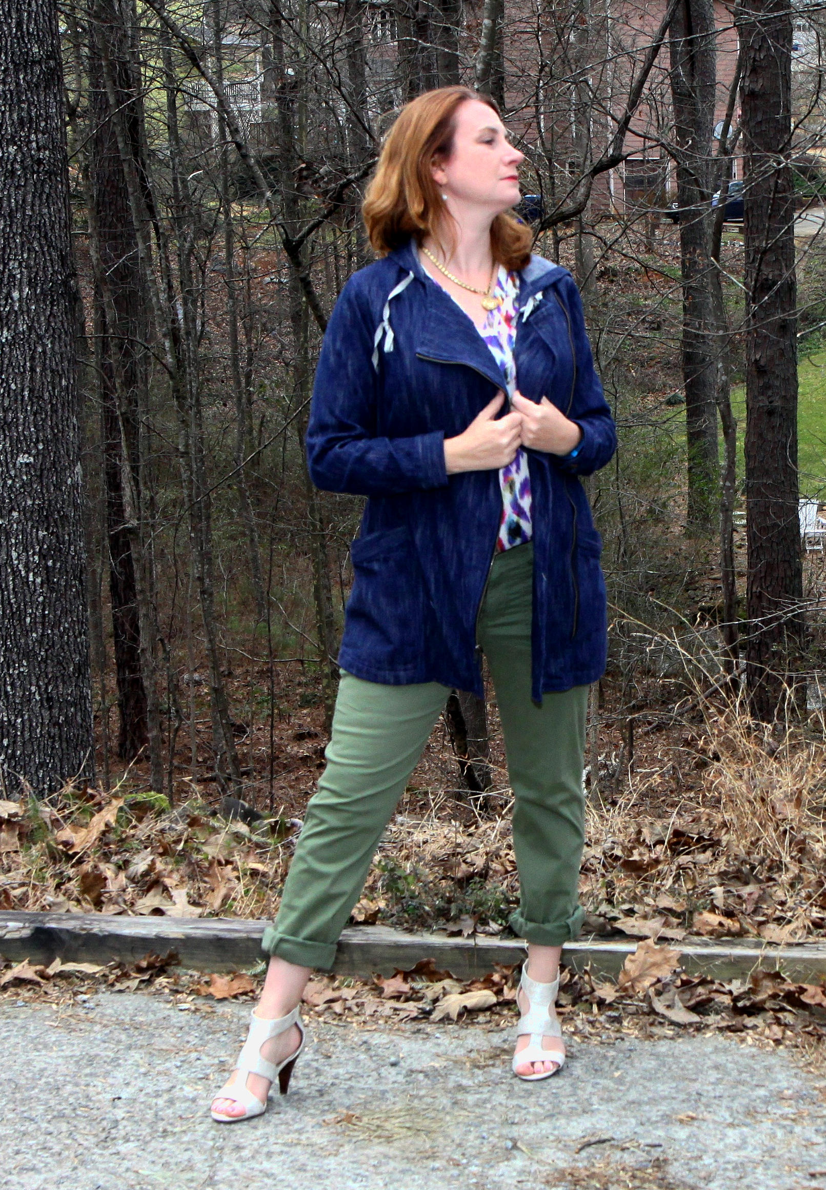Outfit: Adventure Anorak , Traveler Pant , Plume Top , Locket Necklace , and Dolce Charm Earrings from cabi Spring 2016, along with the Unisa Eavvi Sandal sold at DSW. 