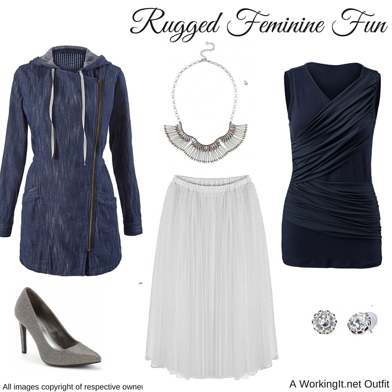 Outfit: Adventure Anorak anD The Sleeveless Double Drape tee from cabi 2016. Tulle Skirt from Amazon. Jennifer Lopez’s Women's Metallic High Heels with Vintage Crystal Studs and the Twilight Fringe Necklace by Stella & Dot. 