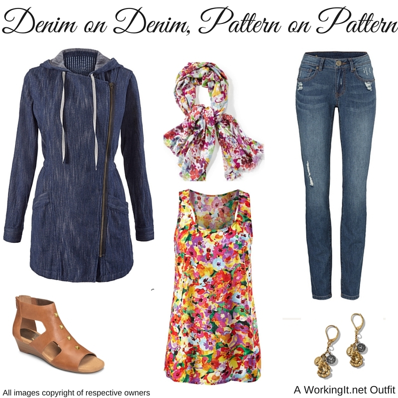 Outfit: Adventure Anorak, Flora Scarf , Luisa Tank , Destructed Skinny in regular or Curvy , and Dolce Charm Earrings, all from cabi Spring 2016, with Layette Sandals by AeroSoles.