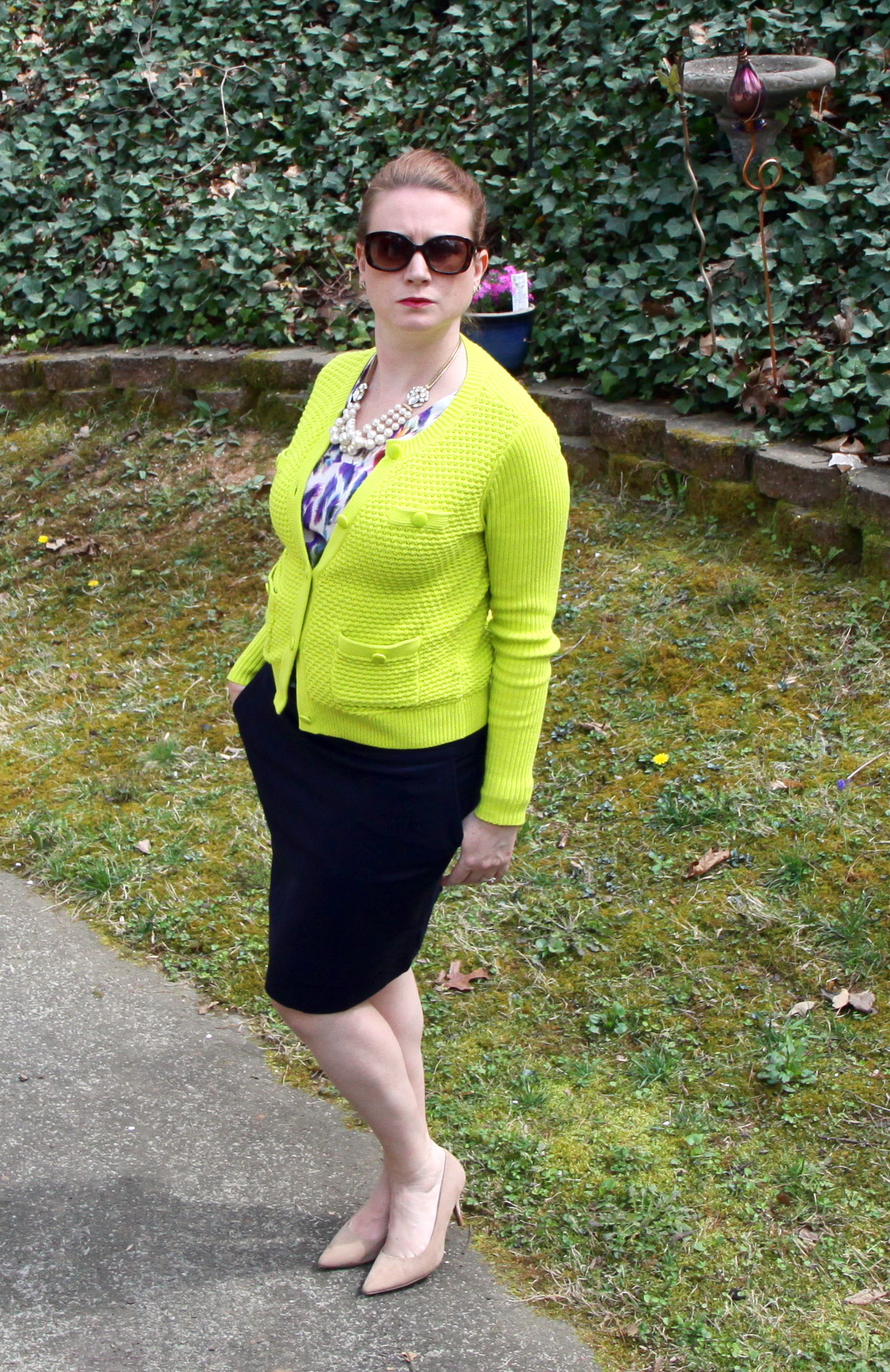 Outfit: Plume Top , Lido Skirt , and Loren Sweater from cabi Spring 2016. Contessa Necklace and Vintage Studs from cabi Fall 2014. Suede Target shoes from a previous season and current season sunglasses from target .