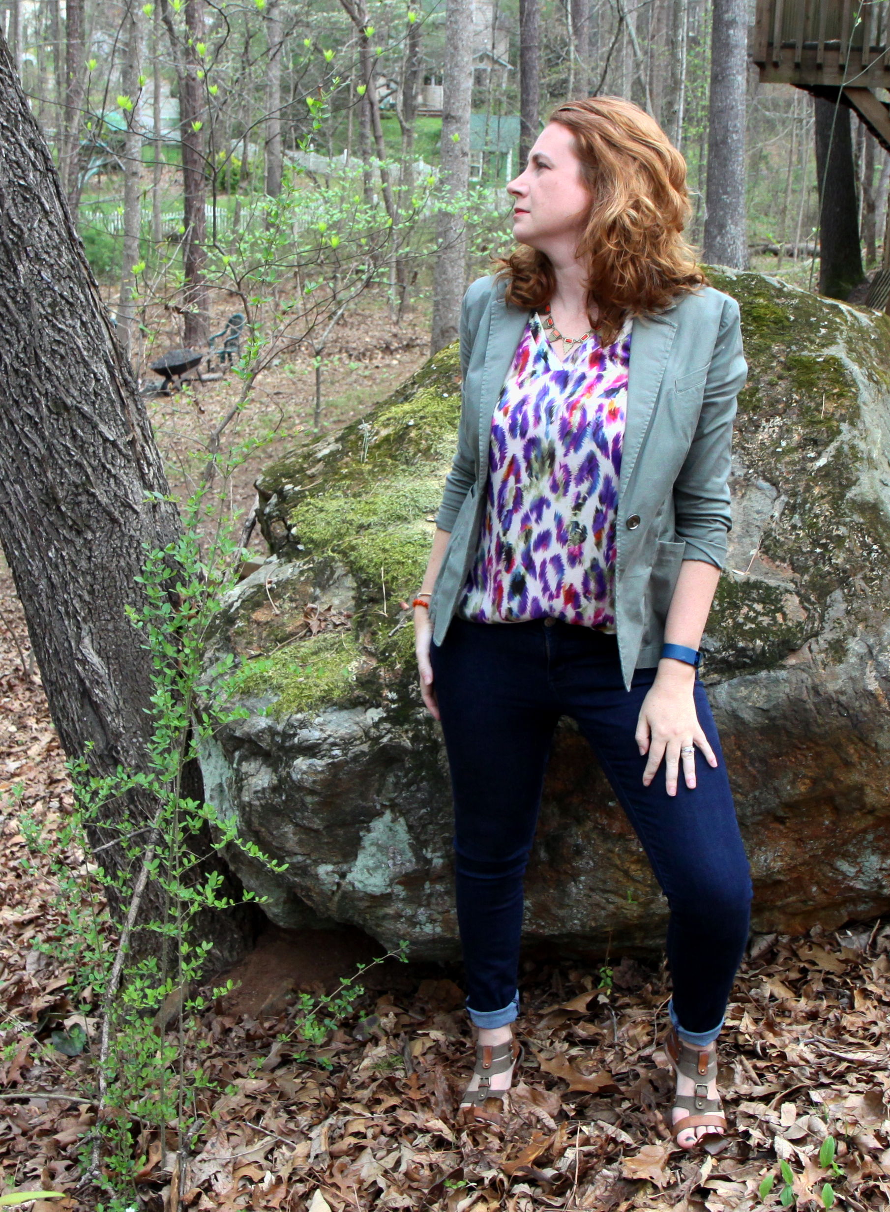 Outfit: Plume Top from cabi Spring 2016. Knight Skinny Jean from cabi Fall 2015. Olive Jacket from cabi Spring 2015. Metal Statement Neck with Cabs from Target. Orange Quartz bracelet by Solid Treasures . Shoes Older, not sure of brand.