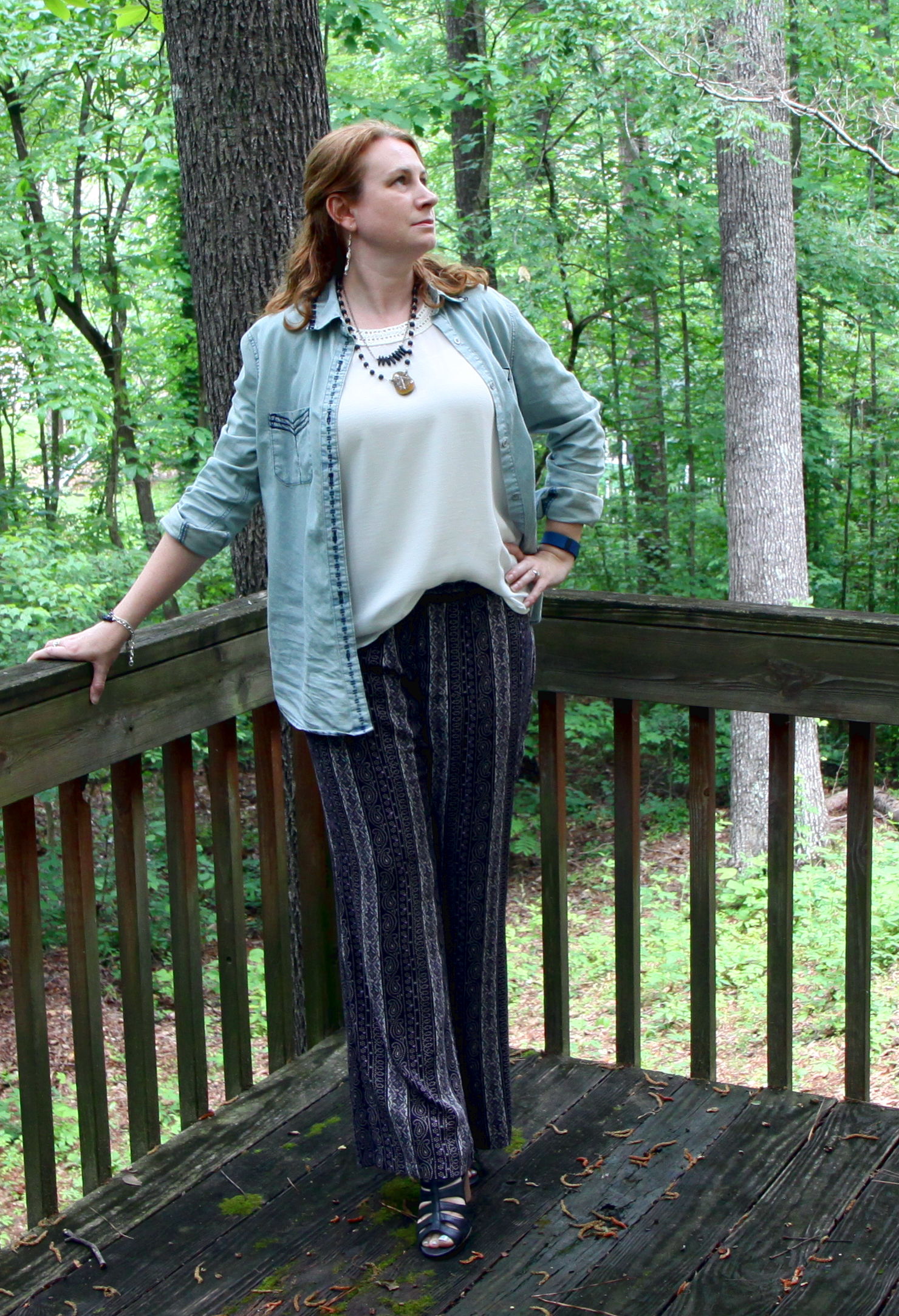 Outfit: Bardot Shirt , Villa Pant , and the Marisa Top from cabi Spring 2016. Earrings and Necklaces by Shine Chaser Jewelry . Bracelets by Solid Treasures . Acme Bootie by Crown Vintage, sold at DSW.