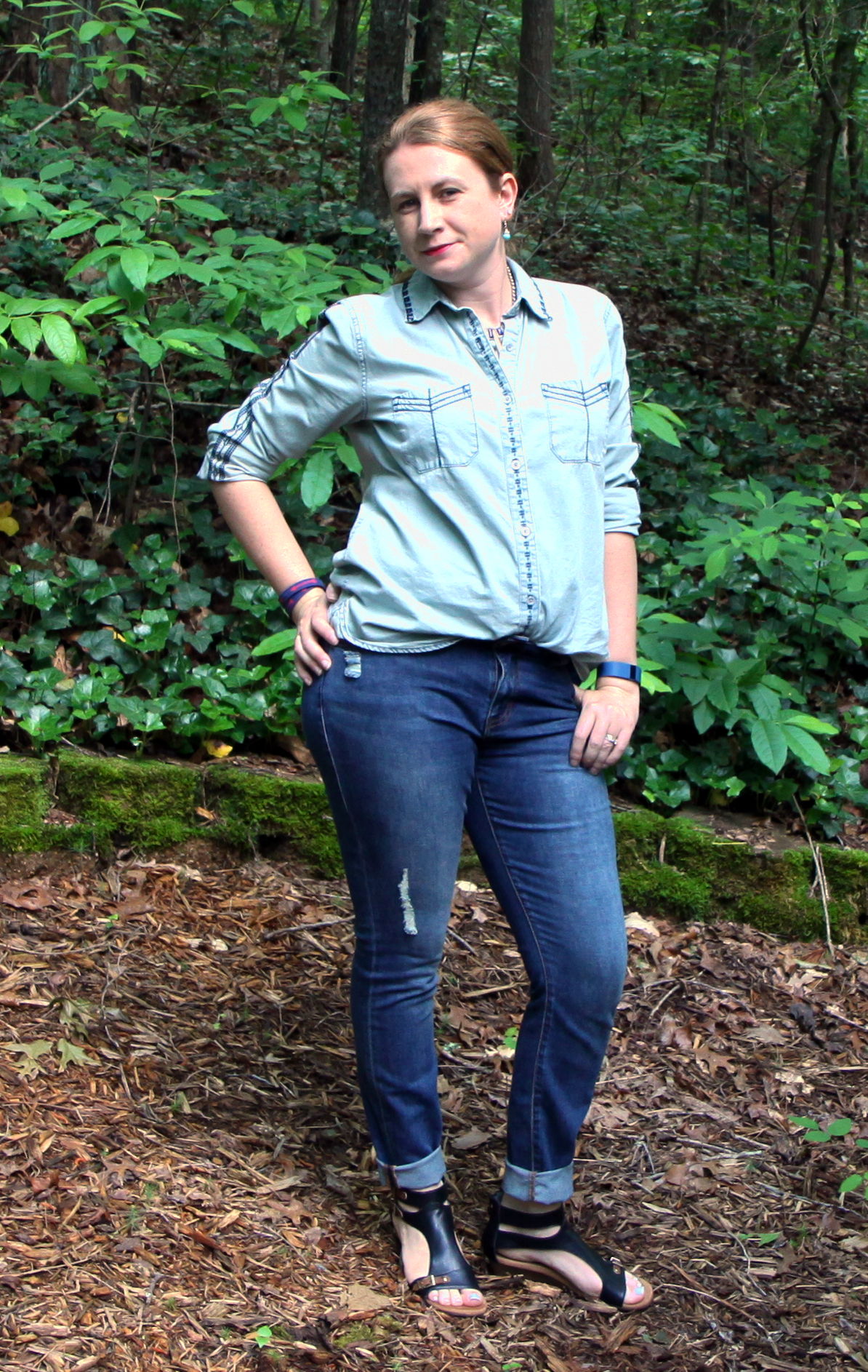 Outfit: Bardot Shirt and Destructed Curvy Skinny jeans from cabi Spring 2016. Yet Another sandals from Aerosoles. E nglish Arrow Wrap Bracelet by Sloan Ranger. Earrings by Solid Treasures . Necklace from Target .