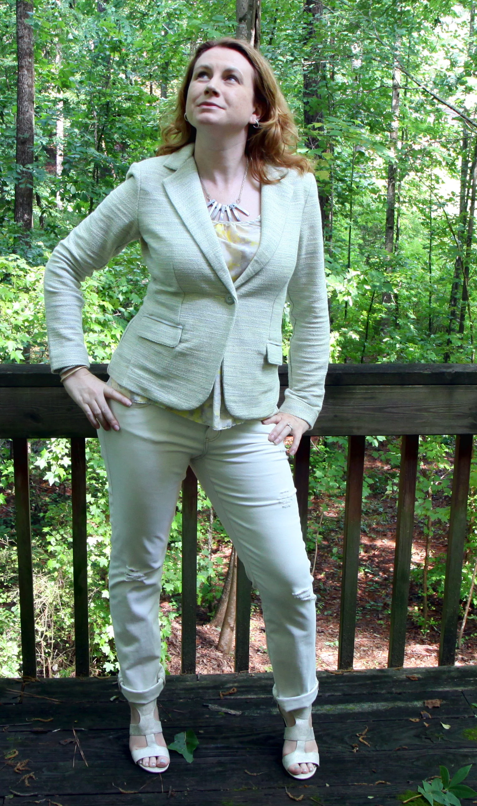 Outfit: Destructed Slim Boyfriend jeans from cabi Spring 2016. Lemon Zest Blazer from babi Spring 2015. Button Back Tank from cabi Spring 2012. Unisa Eavvi Sandal sold at DSW. Grey Shell Statement Necklace by Solid Treasures. Shimmer Hoop Earrngs by Vera Bradley . INC International Concepts Gold-Tone Beaded Faux-Leather Bracelet at Macy’s.