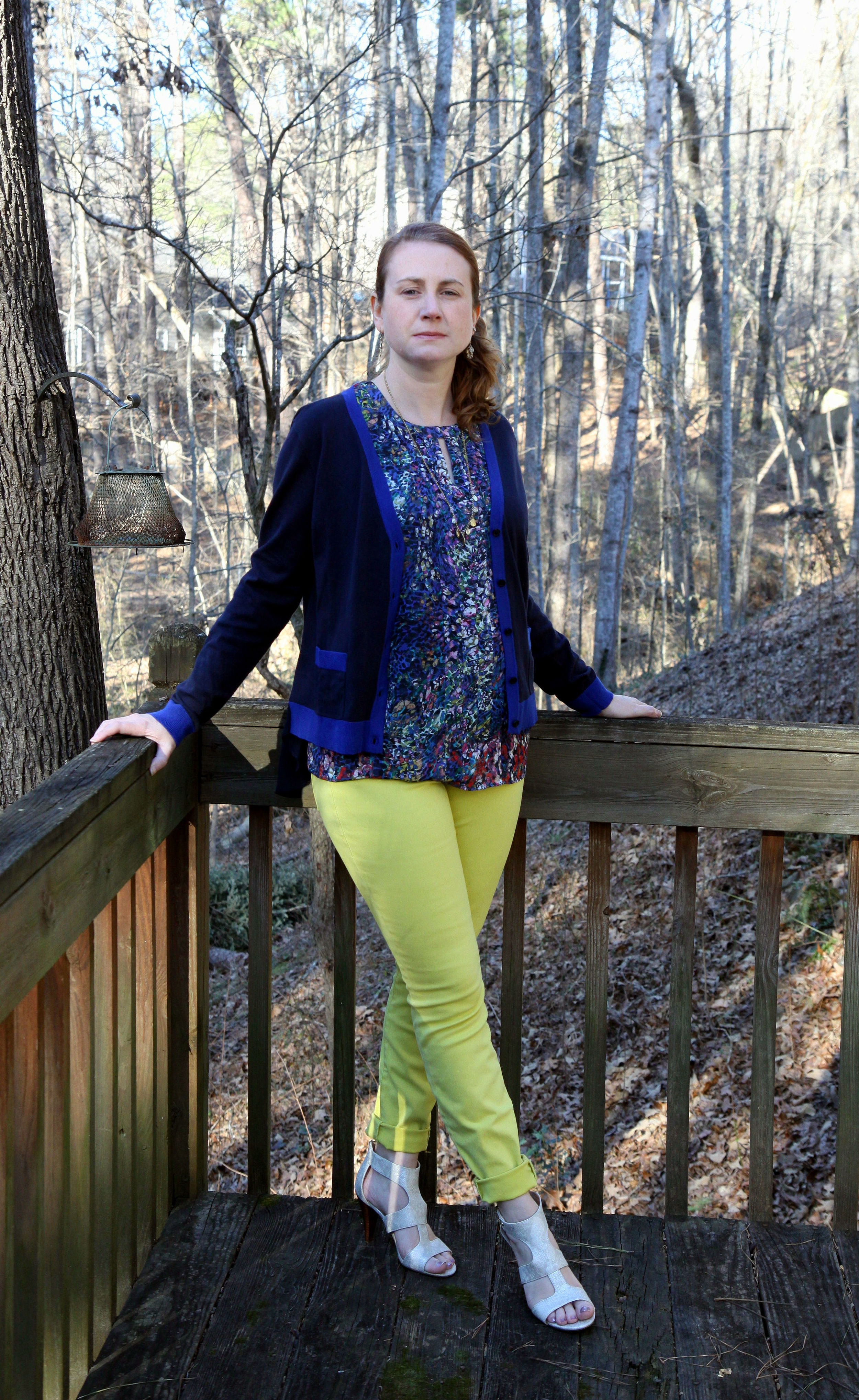 Outfit: Stained Glass Blouse from cabi Fall 2015. Citron Curvy Skinny jean (also available in regular ), Michelle Cardigan , Dolce Charm Earrings , and Dolce Charm Necklace from cabi Spring 2016. With the Unisa Eavvi Sandal sold at DSW.