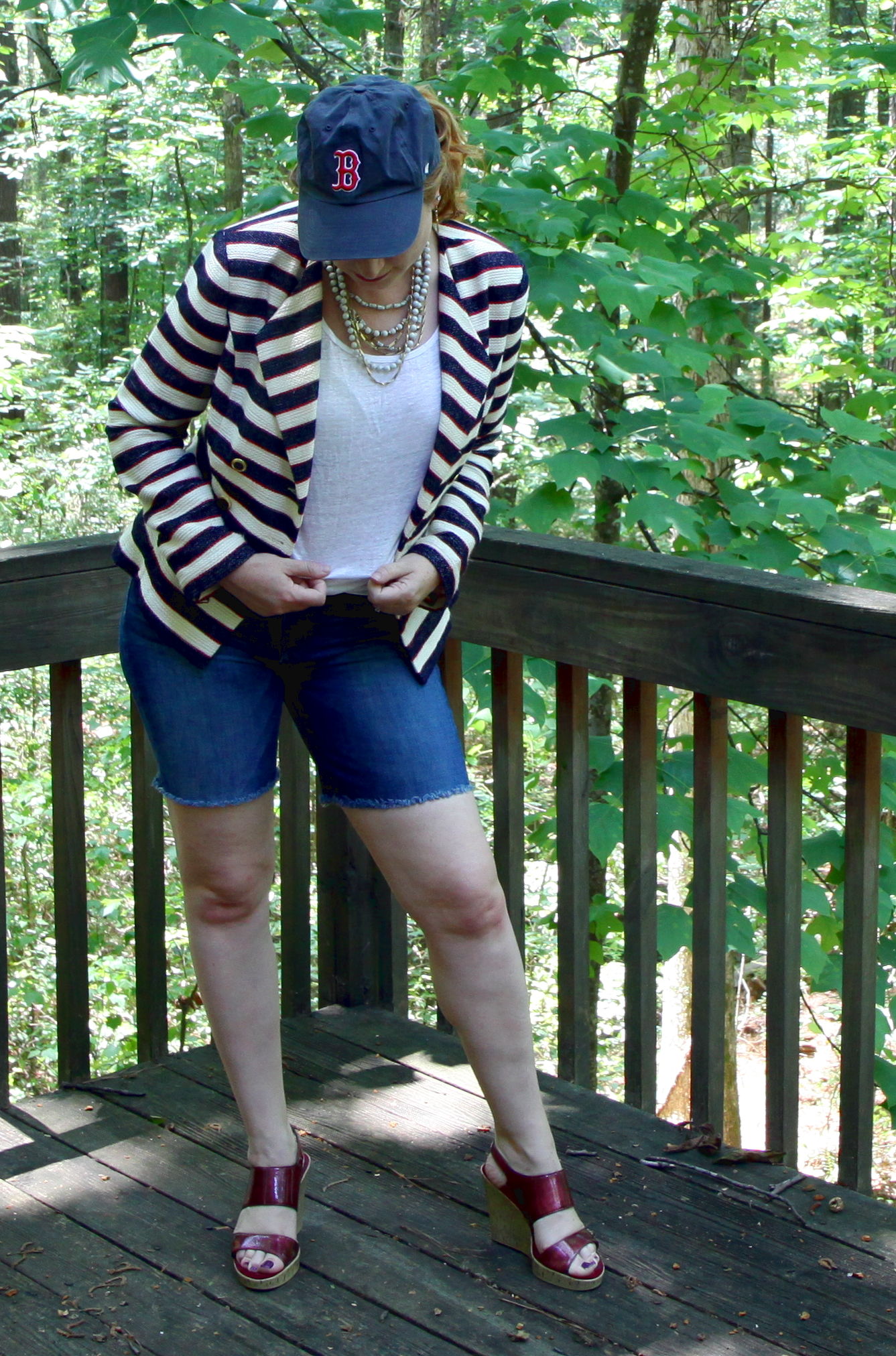 Cruise Jacket with older cabi tee, Target short, and Aerosoles shoes. Boston Red Sox hat.