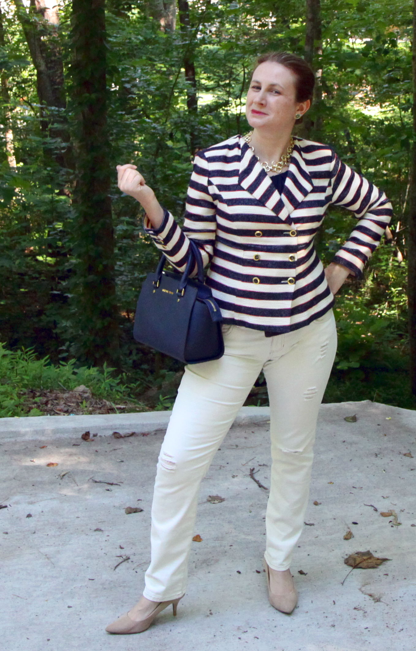 The red here is very subtle--in the stripes. I could also add a red shoe for added fun. Outfit: CRUISE JACKET , Destructed Slim Boyfriend jeans from cabi Spring 2016, Fifth Avenue Tee past season cabi, Older Target shoes, Michael Kors, Selma Medium Satchel, Stella & Dot necklace, Sloan Ranger Knot Earrings.