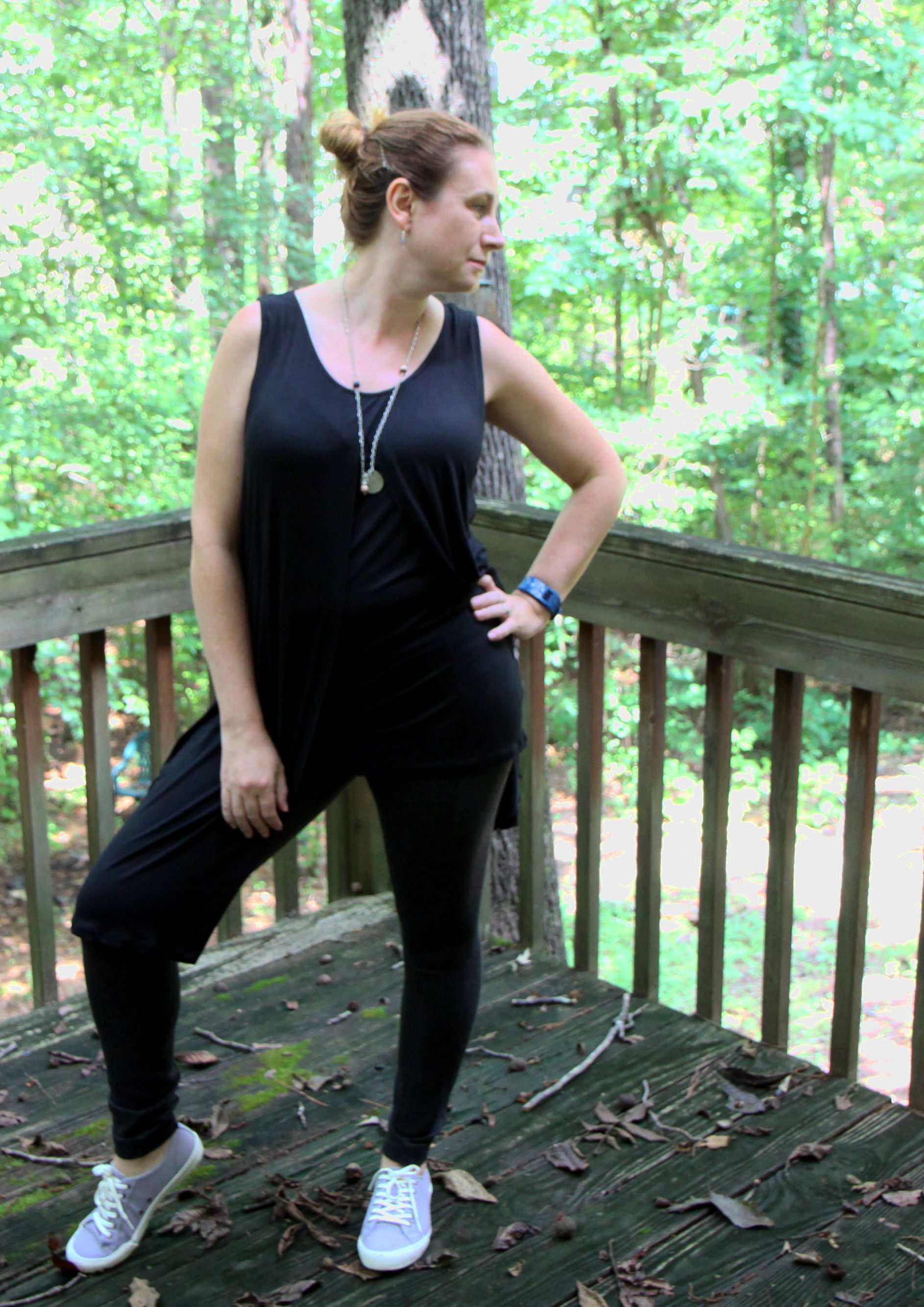 Beyond Tee and Sleek Leggings (in grey) from cabi. The Athena Necklace by Kelly Annie and earrings by S hine Chaser Jewlery , Chelsea Charm Necklace . SeaVees sneakers from Stitch Fix .