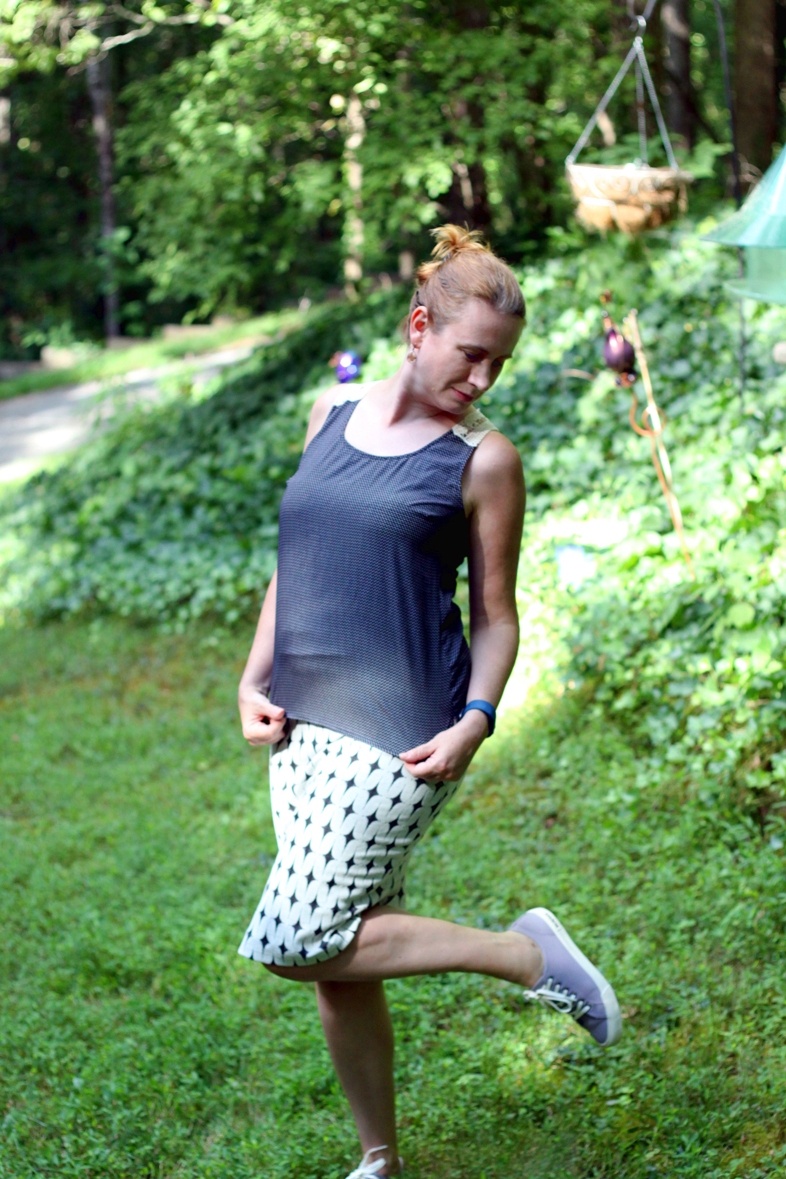 Stitch Fix : Leena Printed Skirt by Renee C, Visperas Crochet Back Top by Skies are Blue, SeaVees sneakers.