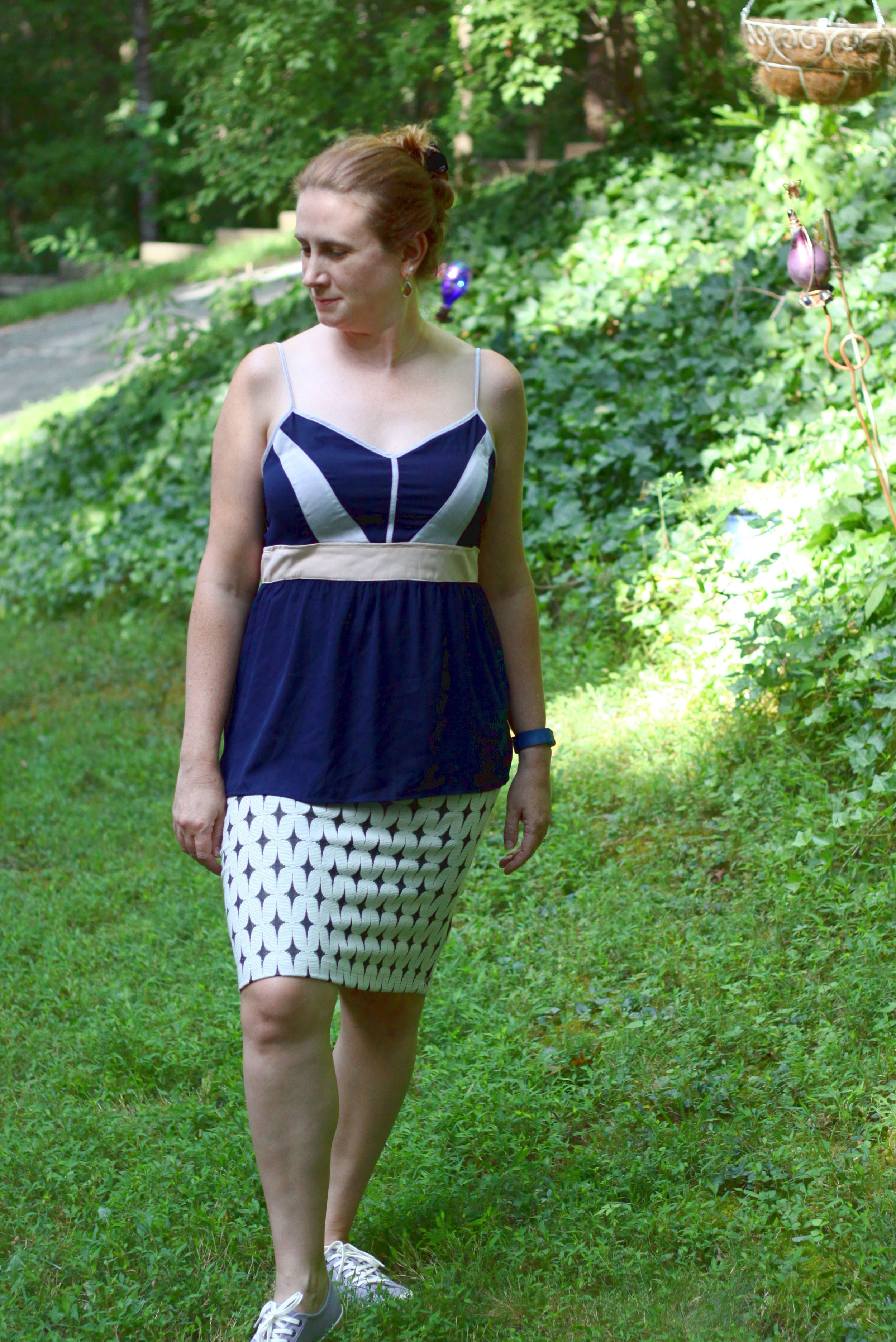 Kedavra Colorblock Cami Blouse, Leena Printed Skirt, Monterey Lace-up Sneakers all from my Stitch Fix, along with older Stella & Dot earrings.