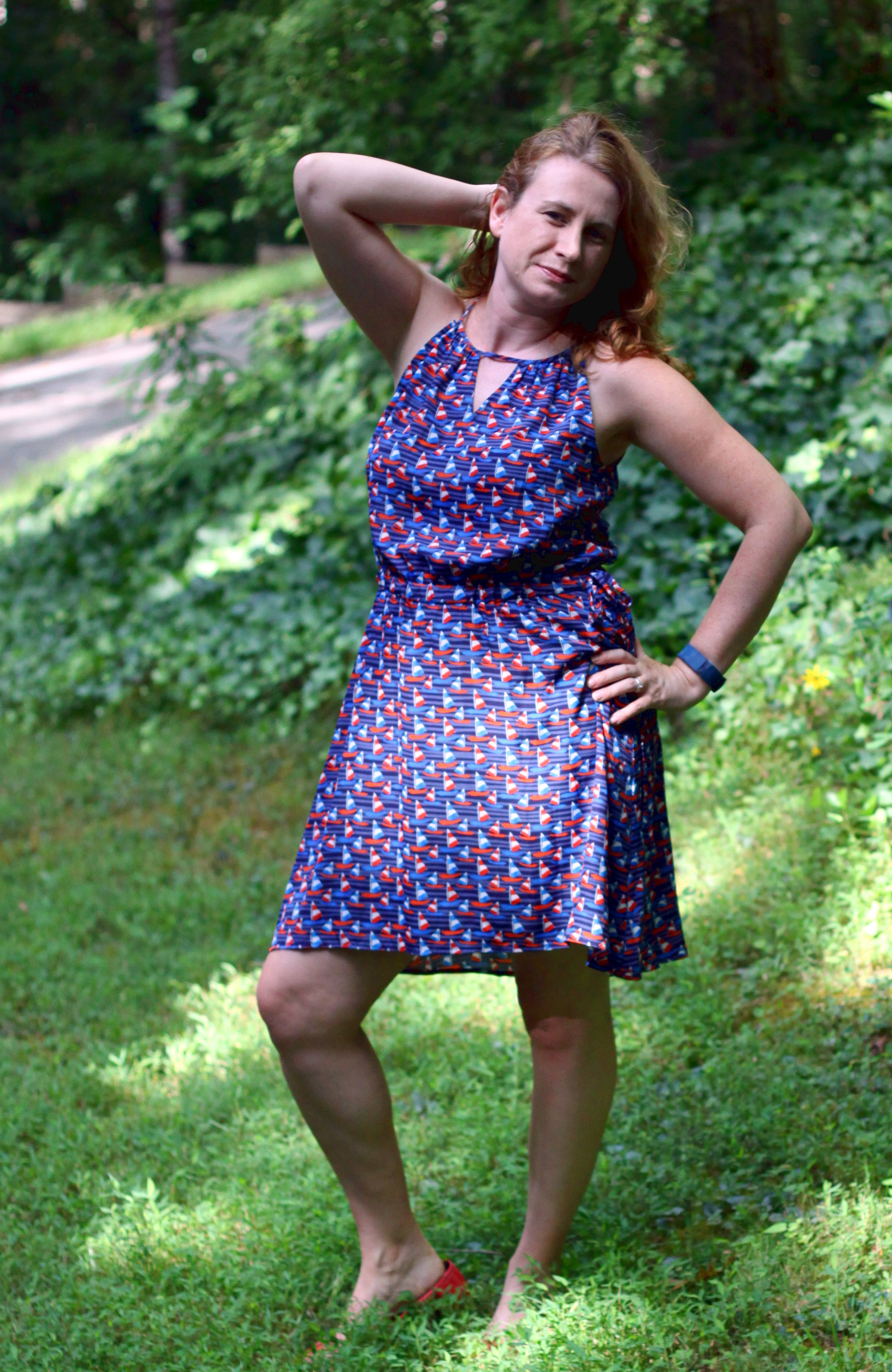 Tammi Print Dress from Stitch Fix along with along with older Stella & Dot earrings and Bow Ballet Flats from Canvas by Land's End.