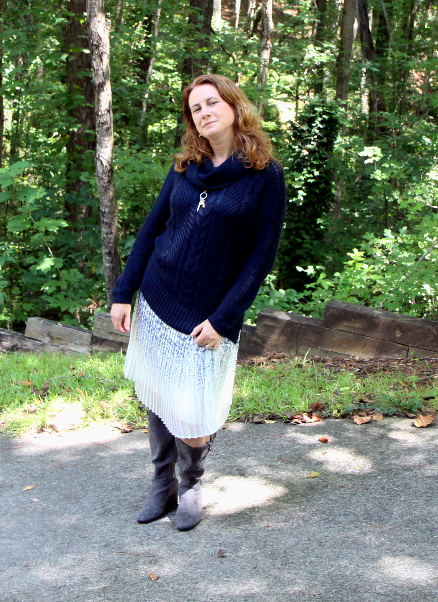 Pleated Star Skirt from Canvas by Lands’ End paired with the cabi Fall 2016 Cable Cowl sweater and Chelsea Charm Necklace . Boots are Wonderful by Aerosoles.
