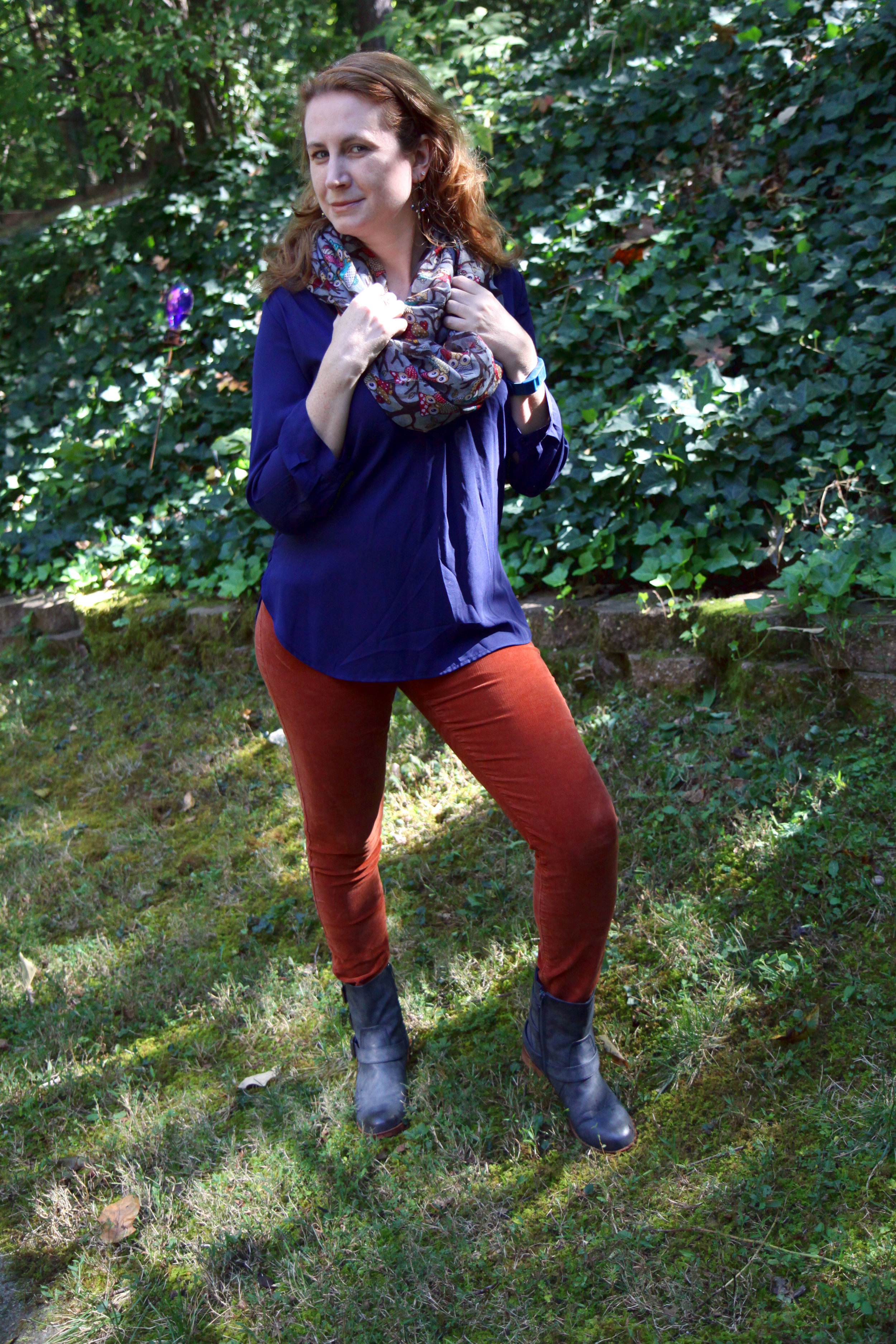 Outfit: cords are classic cabi ( similar ), blouse is from Stitch Fix , Gray Owl Infinity Scarf from ITB Design, boots are Navy Veradley Ankle by Bucco and sold from Zulily, and , Feather ring by Solid Treasures