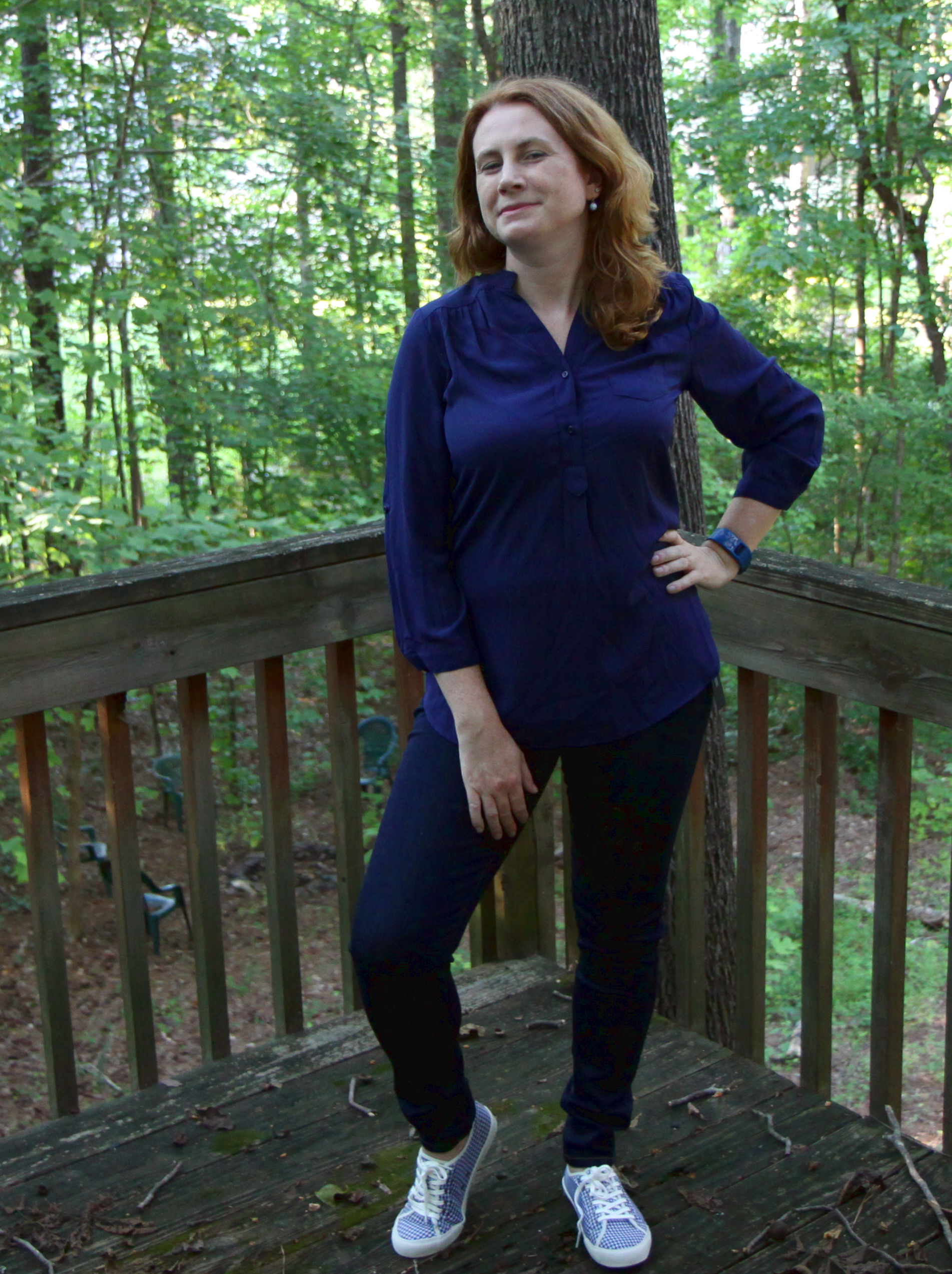 41HAWTHORN Colibri Solid Tab Sleeve Blouse, SeaVees Monterey Houndstooth Lace-Up Sneakers, and LIVERPOOL Elizabeth Super Skinny Jean .