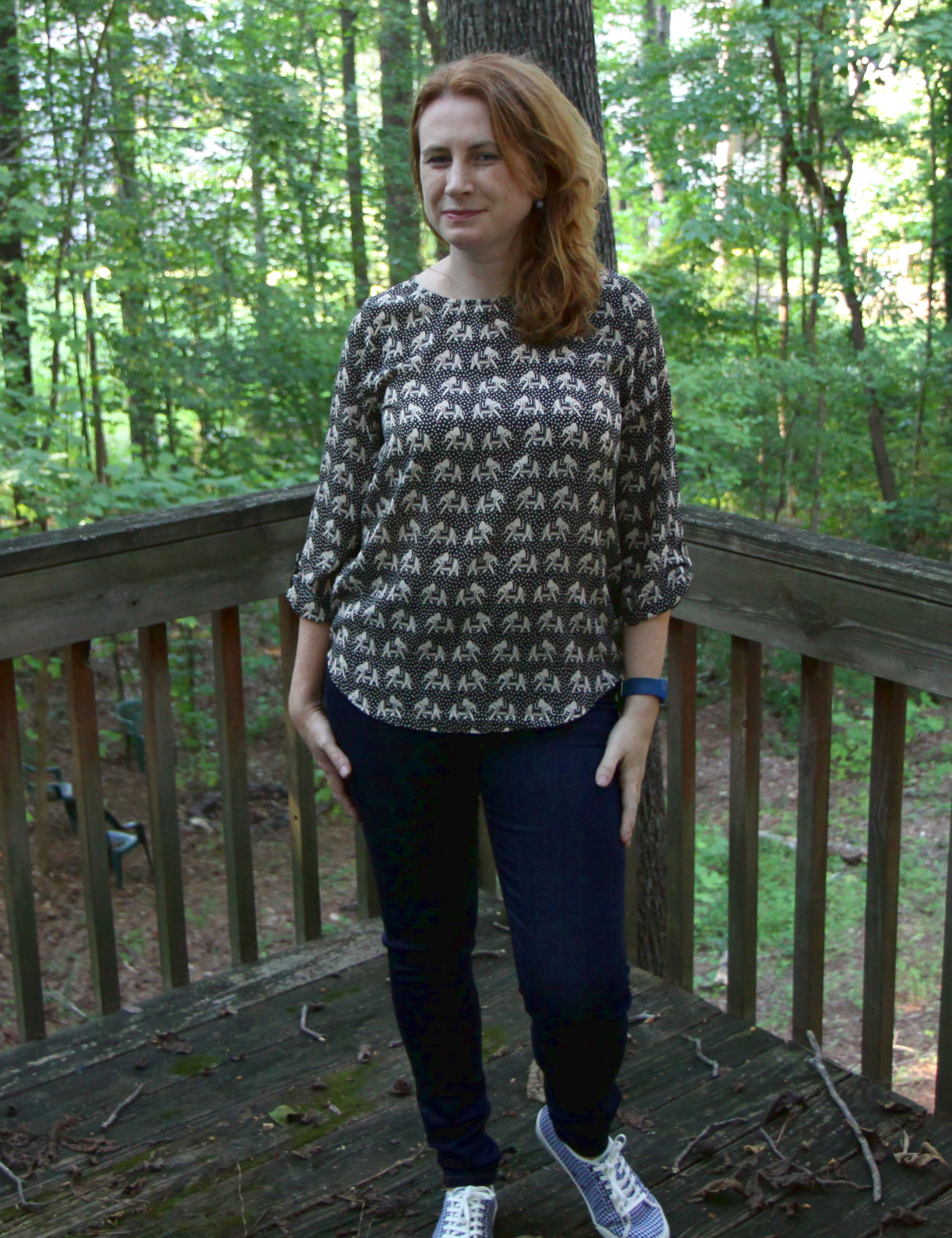 PIXLEY Ellie Printed 3/4 Sleeve Blouse, SeaVees Monterey Houndstooth Lace-Up Sneakers, and LIVERPOOL Elizabeth Super Skinny Jean .