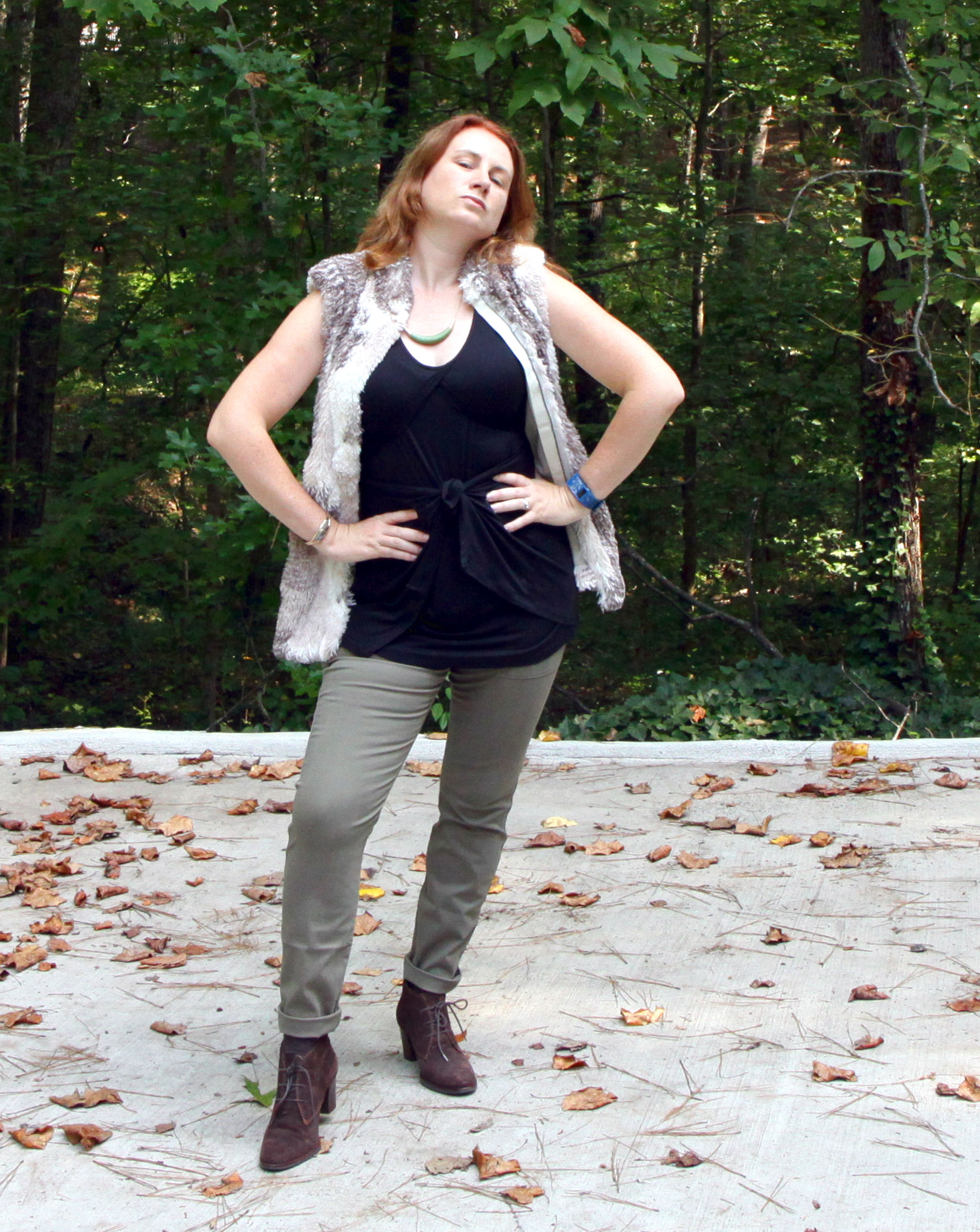 Beyond Tee , Scout Pants , Jasper Crescent Necklace , and the Aspen Vest from cabi Fall 2016. Mindy Cuff from Cents of Style . Older L.L. Bean Signature Collection booties.