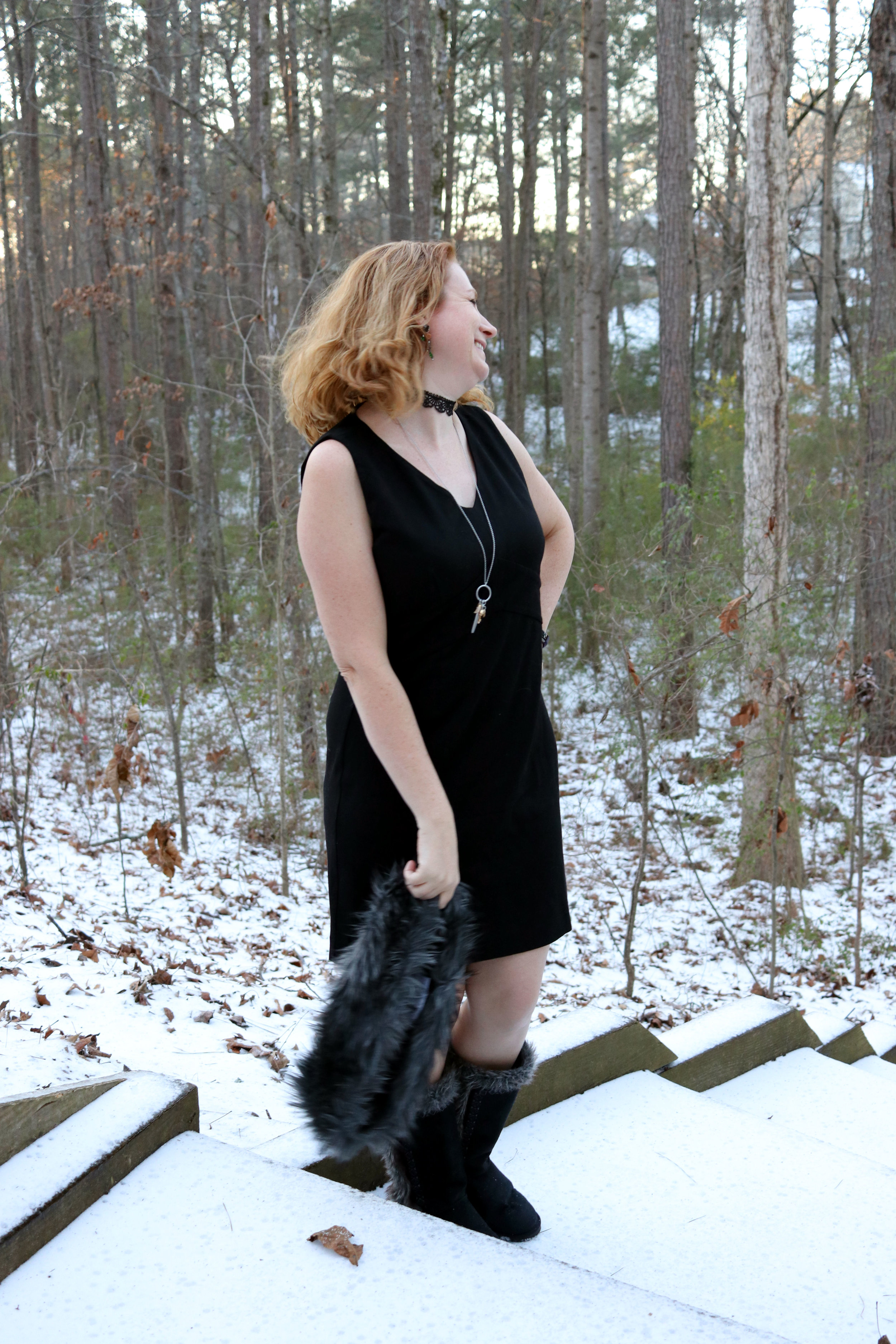 cabi fall 2016: Edie Dress, Foxy Scarf , Rock Star Earrings, and Chelsea Charm Necklace. JustFab : Duluth Fuzzies and Lace Up choker.