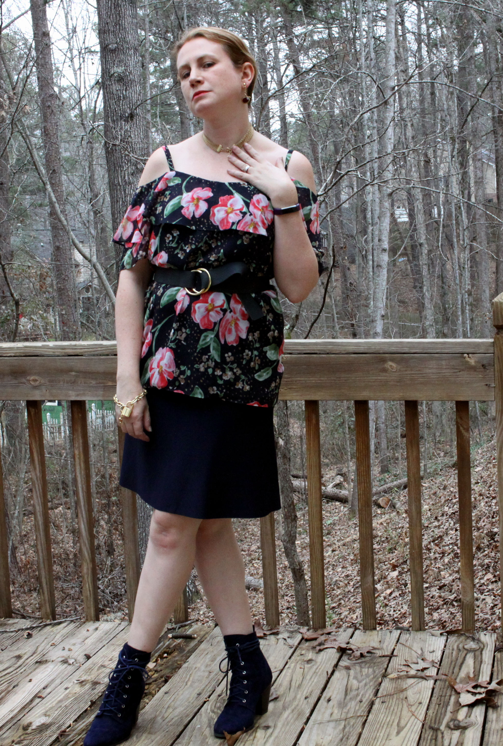 Work your personal style challenge and you could win $25 towards this! Cold Shoulder Cami , Dame Skirt , Cinch Belt , Anchor Earrings , Riviera Necklace (worn as choker), Lock & Key Bracelet all from cabi Sprng 2017. Isobel boots from JustFab (use my referral code to save $).