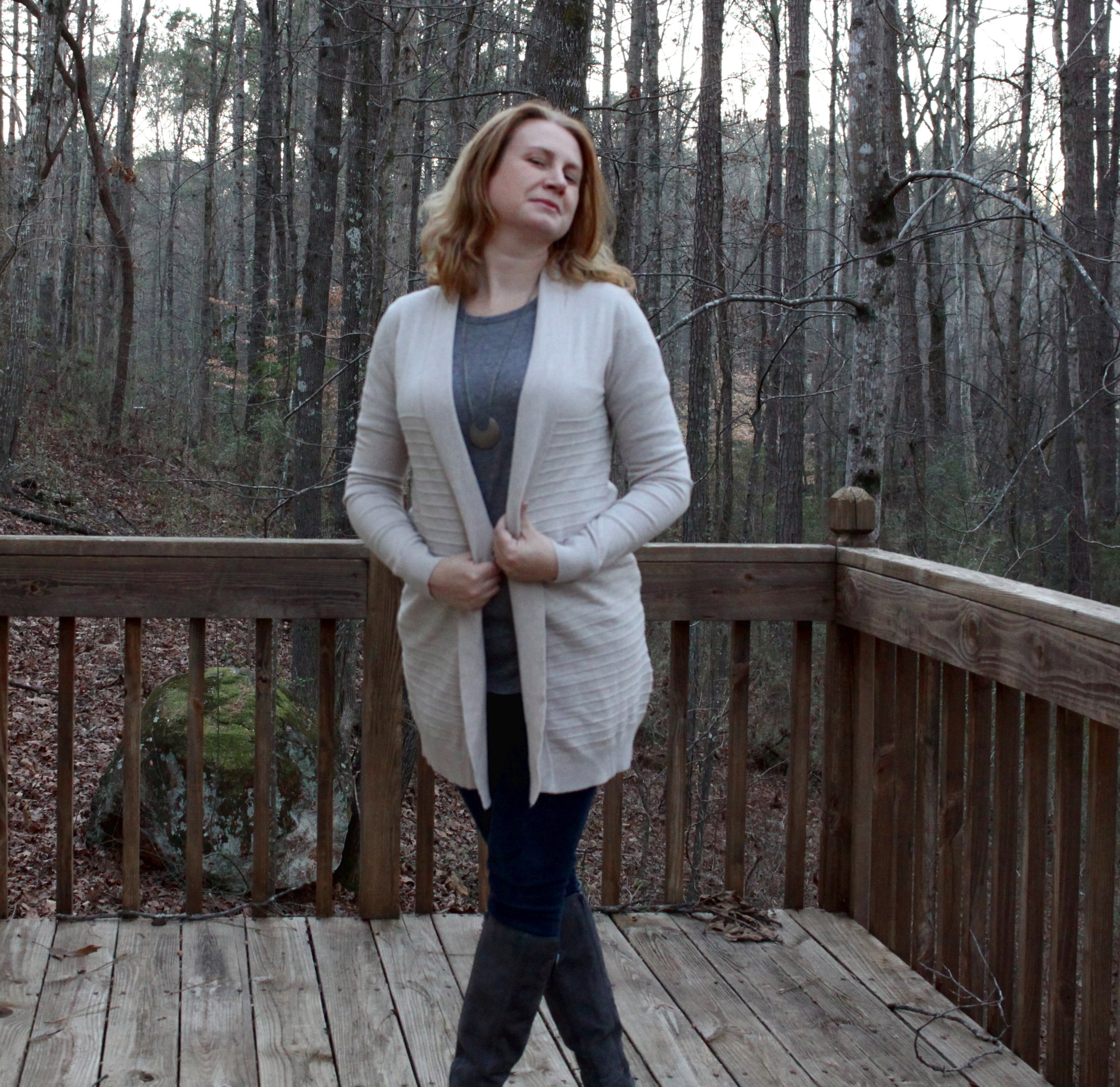 Isn't this cardi great? I don't wear it enough. Time to give it some love! Outfit: LaJu Armanda Ribbed Cardigan from Stitch Fix . Dark Destructed Skinny jeans and an older top from cabi clothing . Aerosole boots. Moonstruck Half Moon Necklace from eSBe
